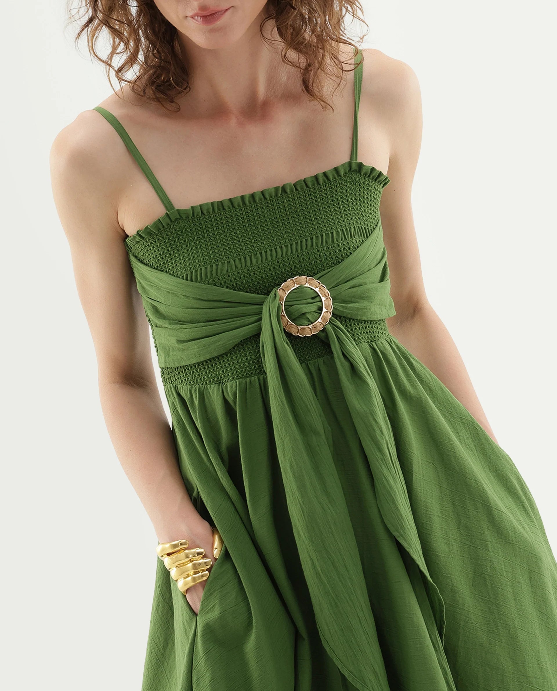 Rareism Women's Girty Green Cotton Elastic Fit And Flare Dress