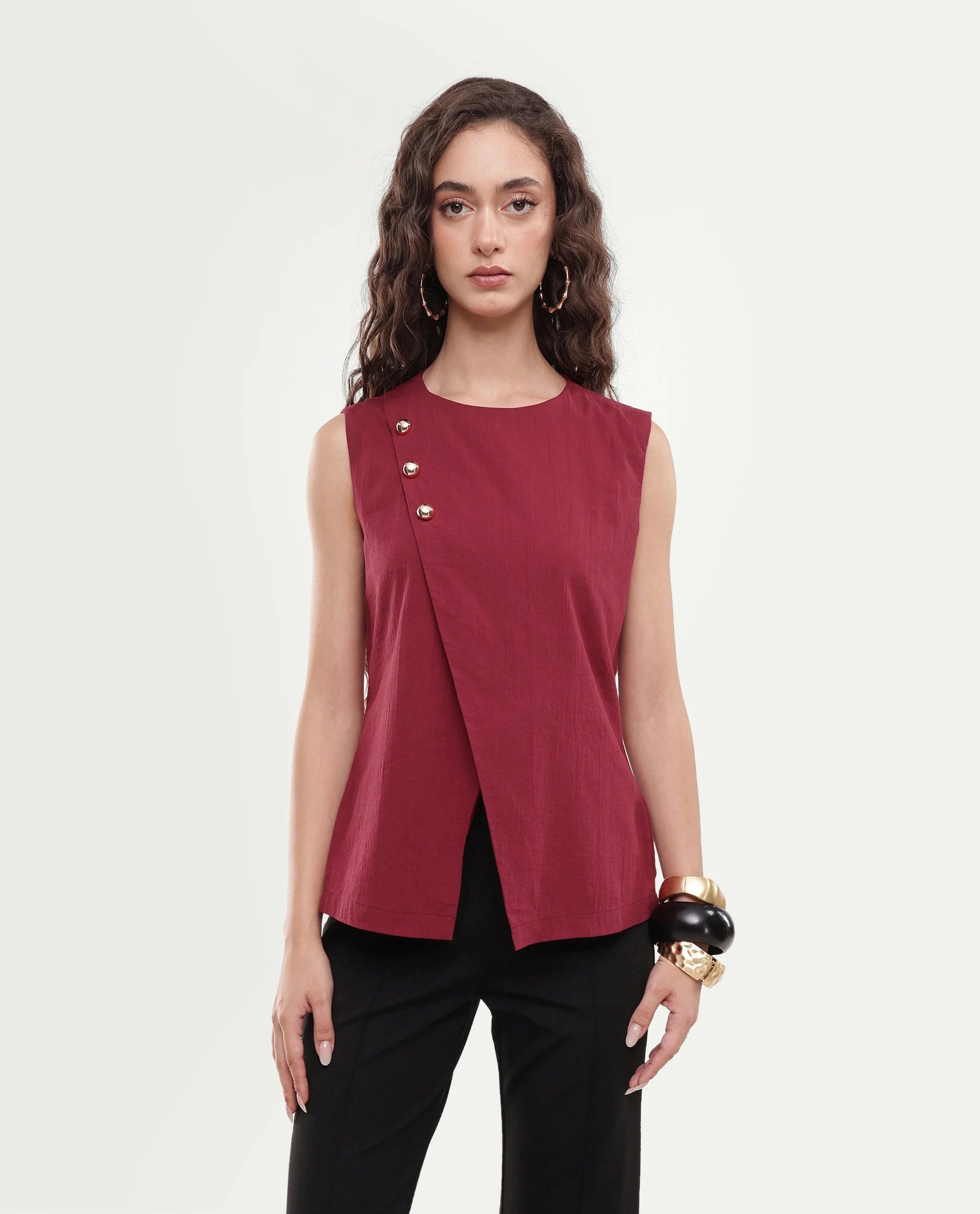 Rareism Women's Fent Dark Red Cotton Button Shift Top