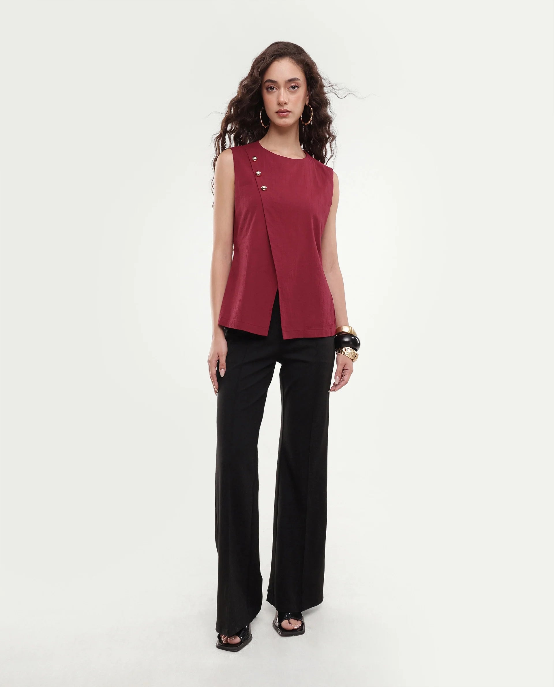 Rareism Women's Fent Dark Red Cotton Button Shift Top