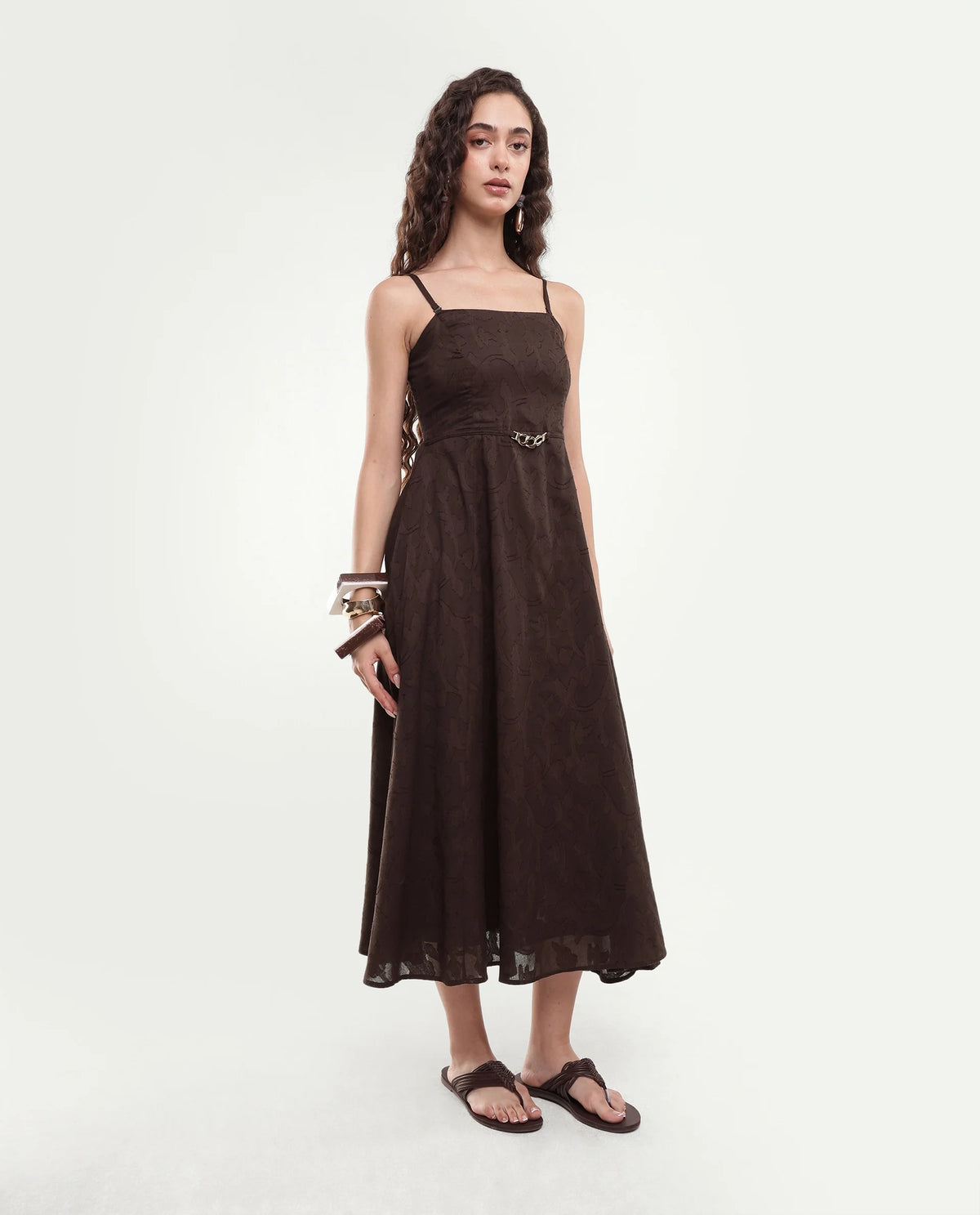 Rareism Women's Fomy Dark Brown Textured Cotton Fit And Flare Sleeveless Dress
