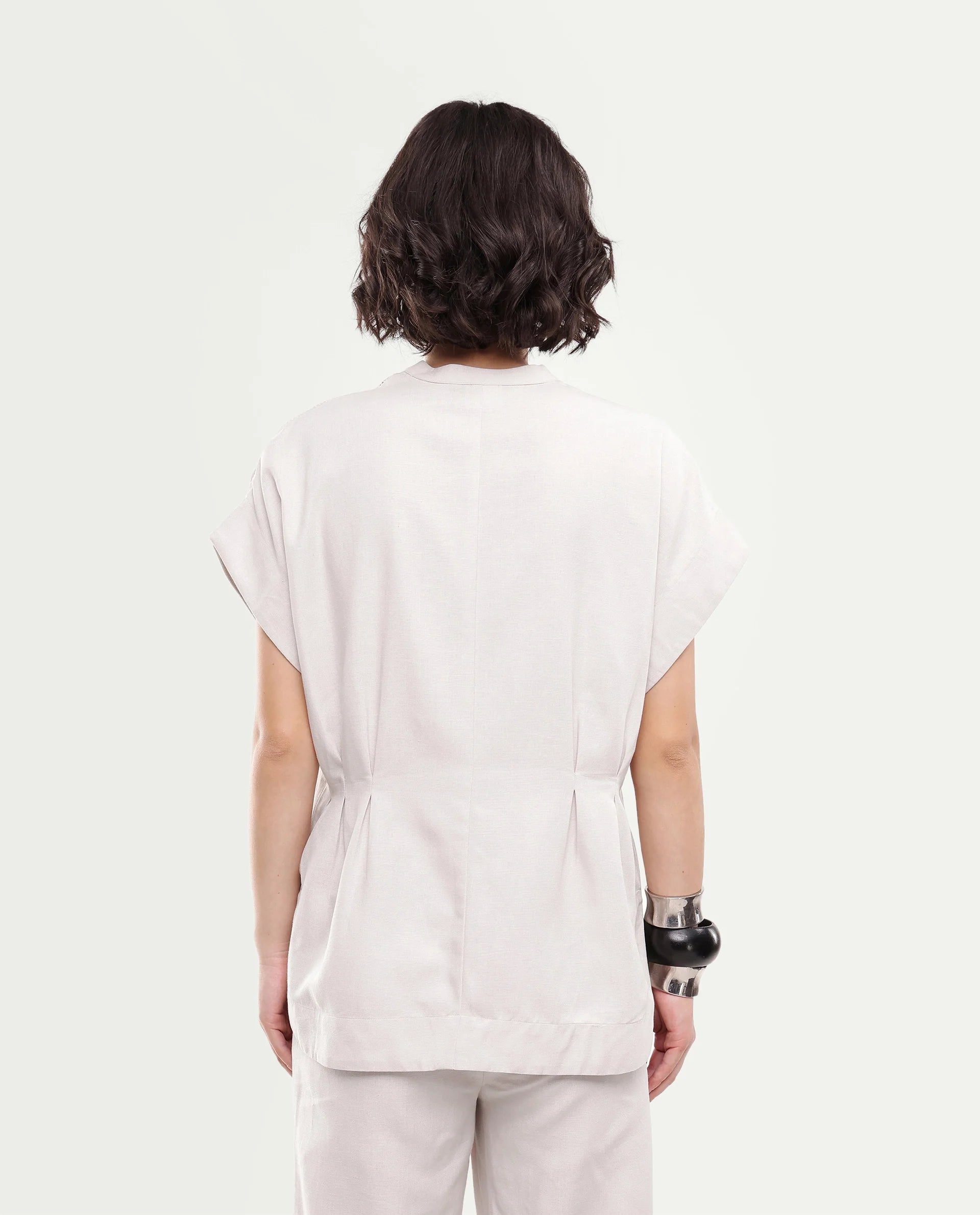 Rareism Women's Fite-T Light Beige Plain Linen Blend Boxy Short Sleeves Top