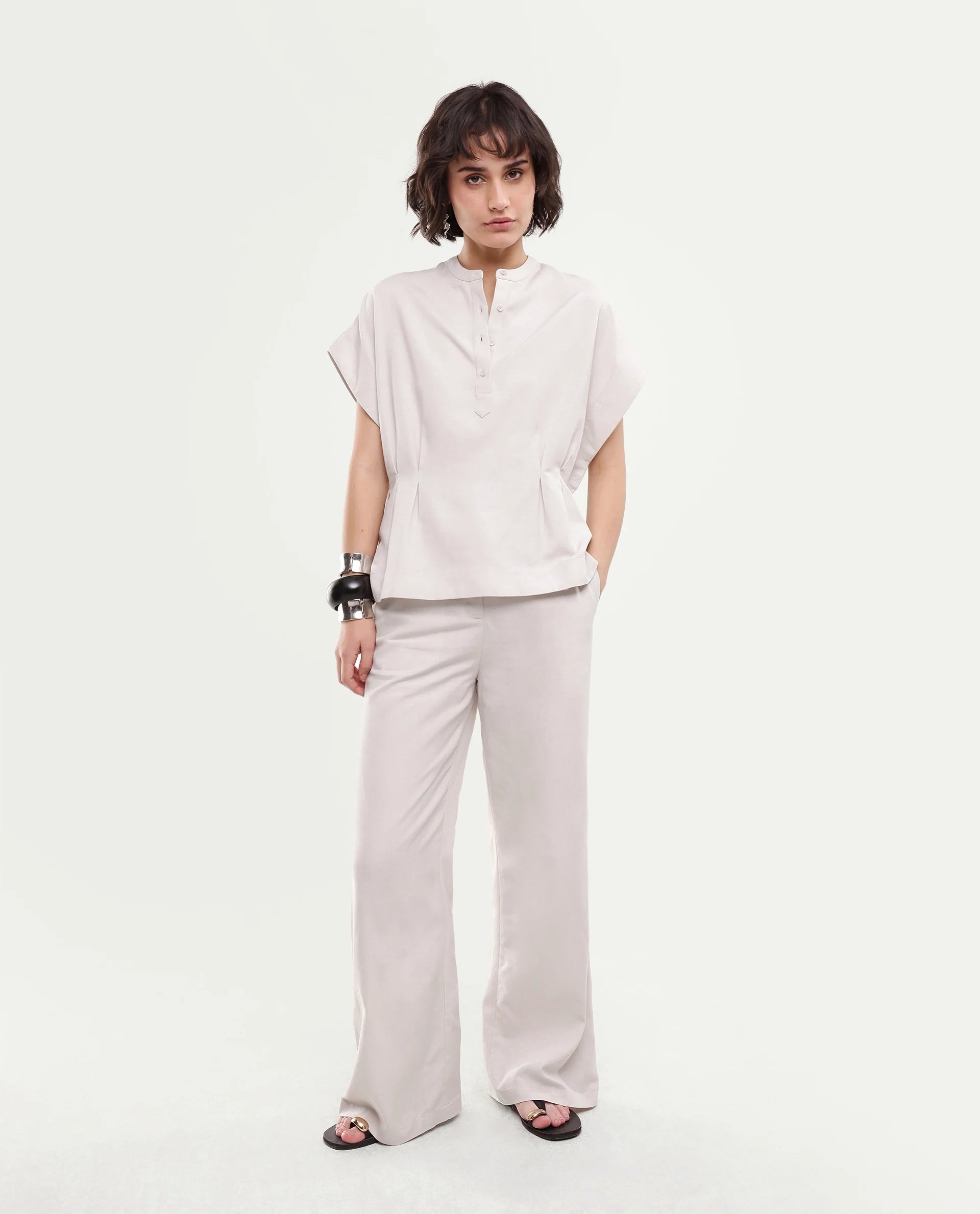 Rareism Women's Fite-B Light Beige Linen Blend Hook And Zipper Wide Trouser