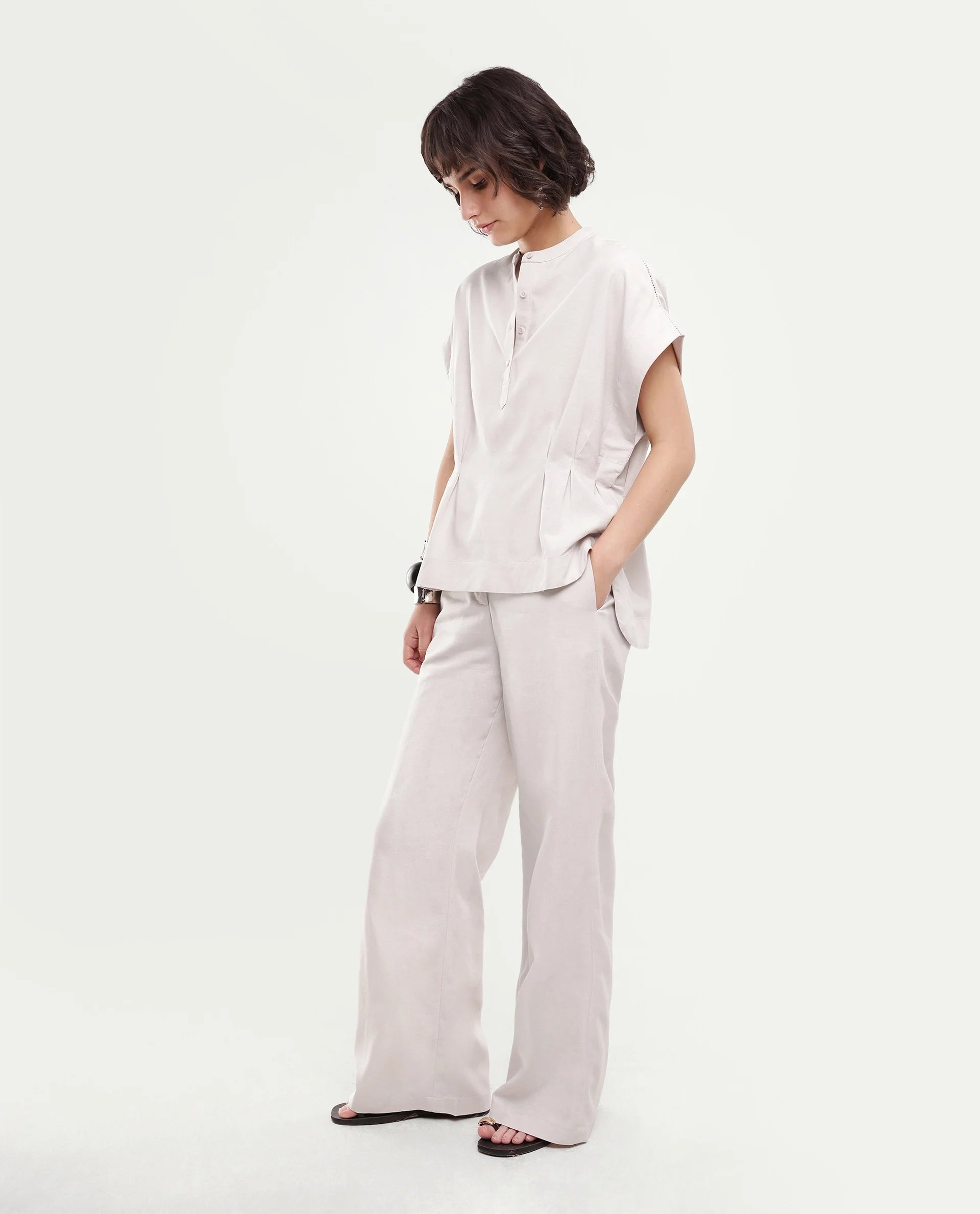 Rareism Women's Fite-B Light Beige Linen Blend Hook And Zipper Wide Trouser