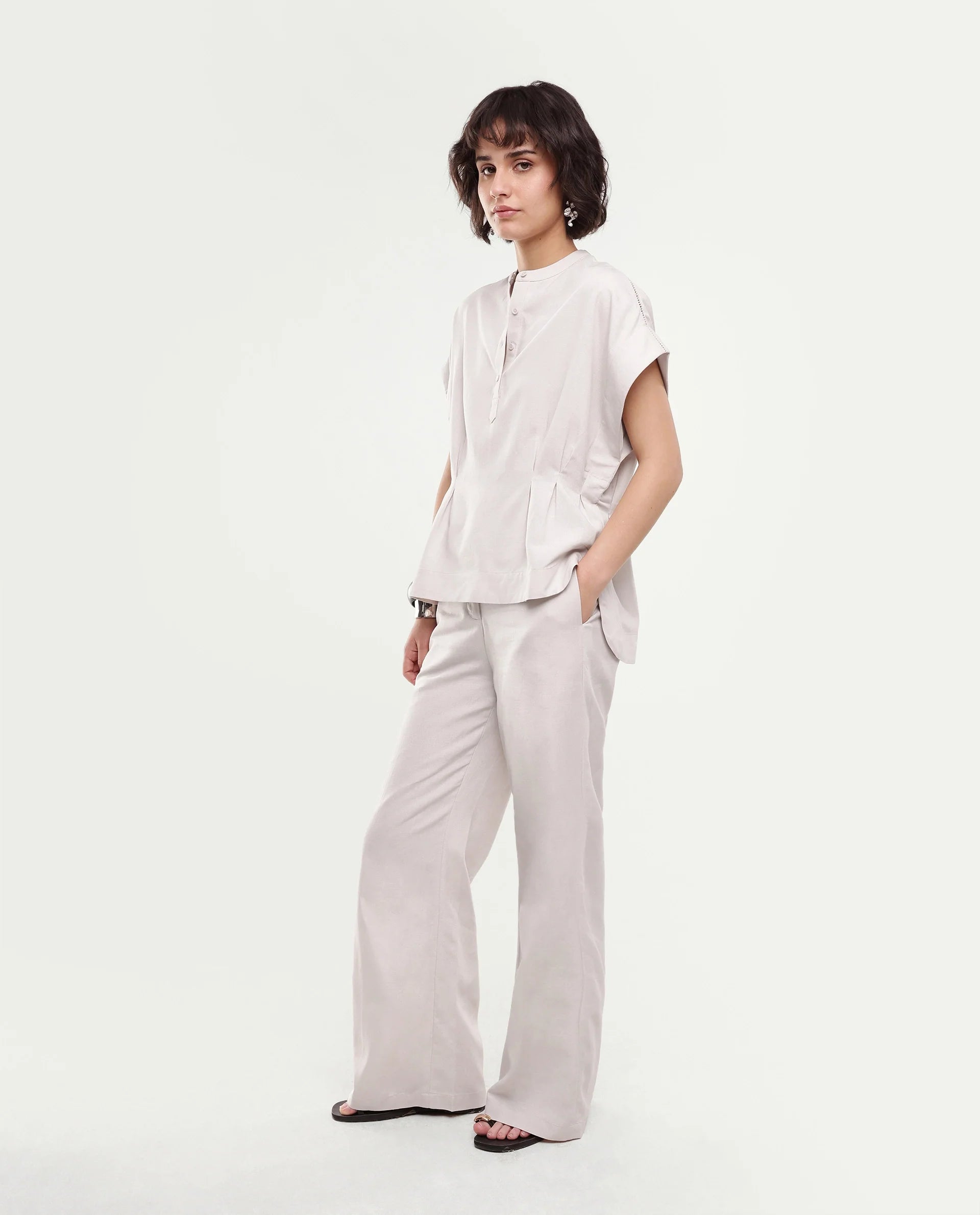 Rareism Women's Fite-B Light Beige Linen Blend Hook And Zipper Wide Trouser