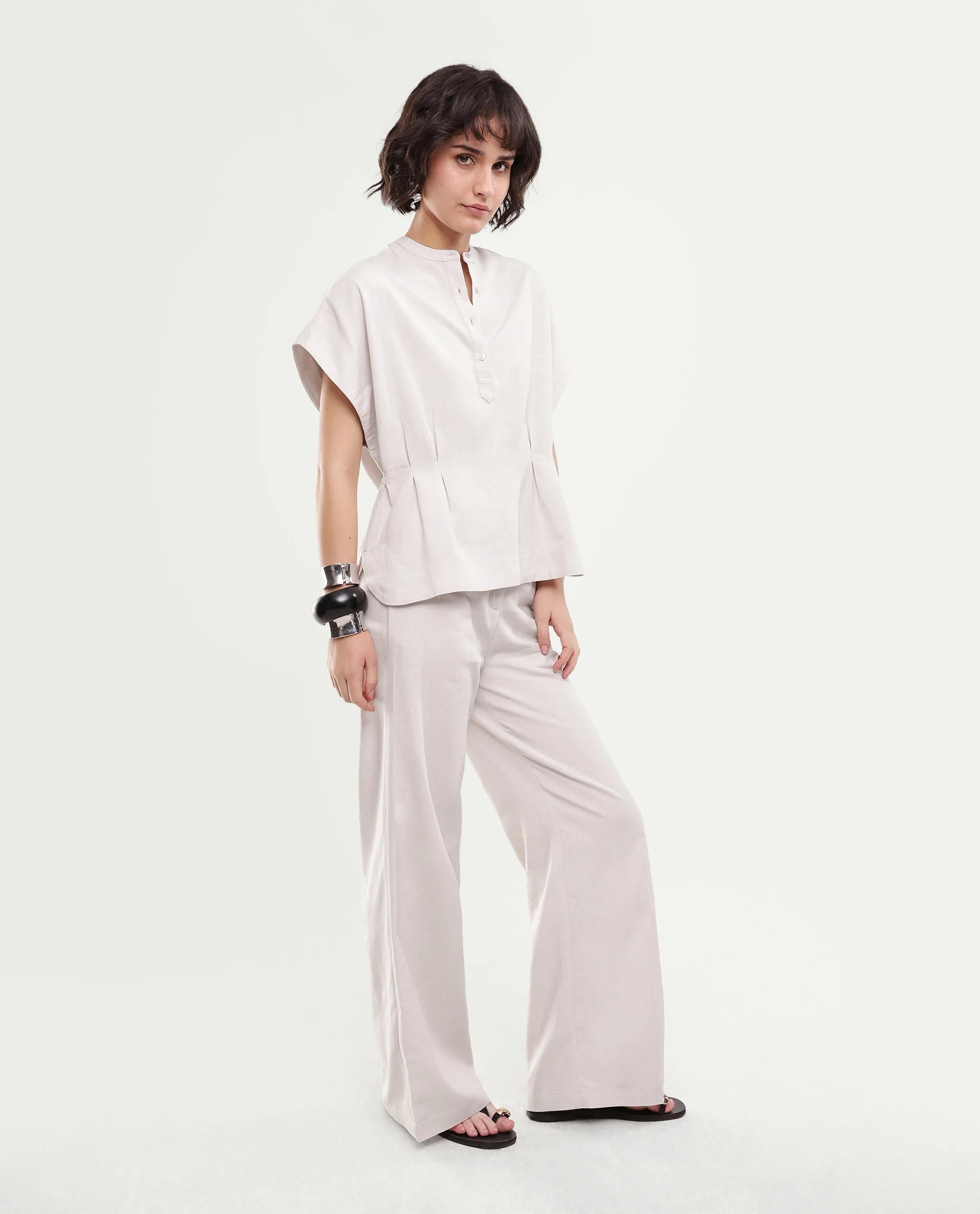 Rareism Women's Fite-B Light Beige Linen Blend Hook And Zipper Wide Trouser