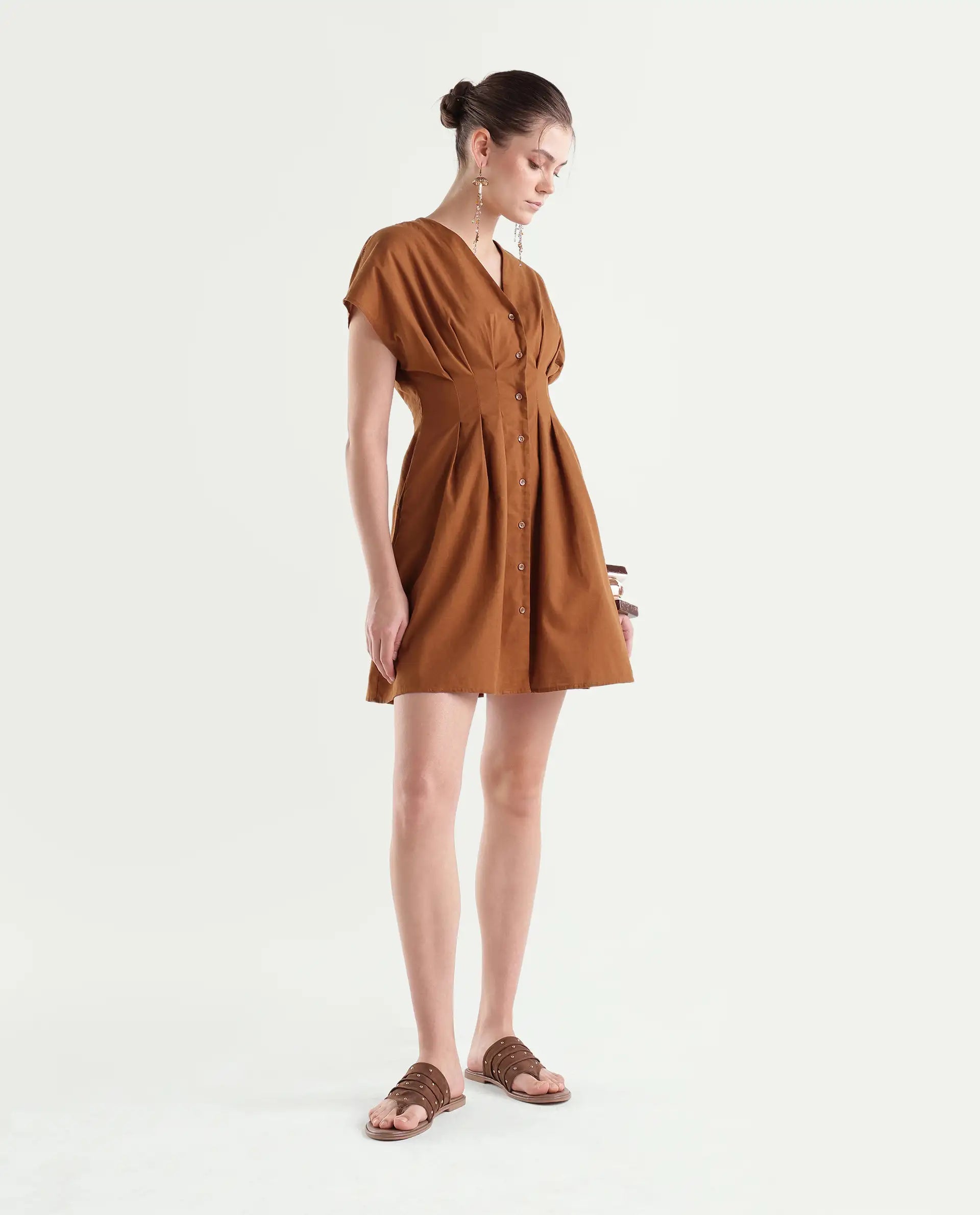 Rareism Women's Finny Dark Mustard Cotton Button A-Line Dress