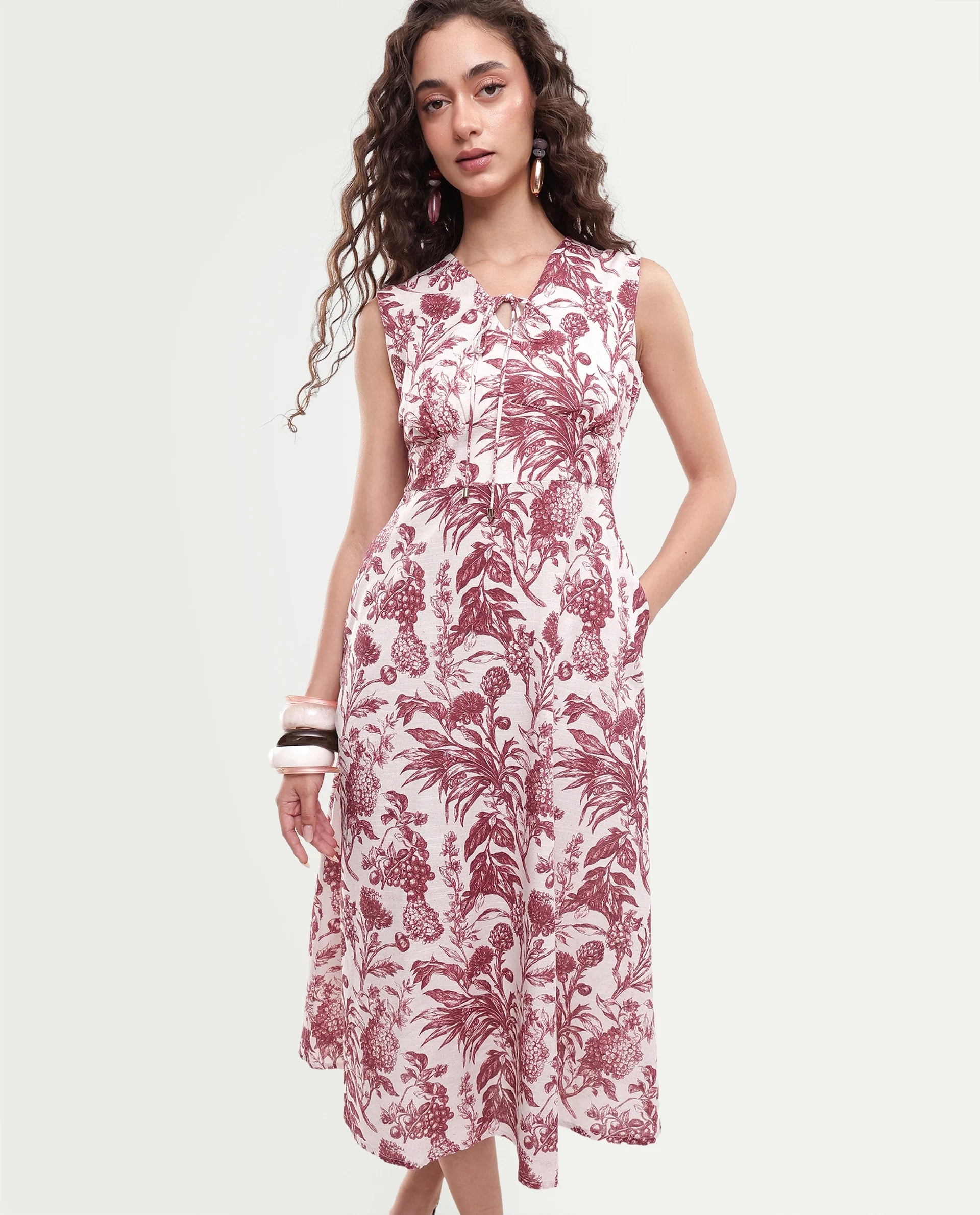 Rareism Women's Fon Red Cotton Button And Zip Fit And Flare Printed Dress