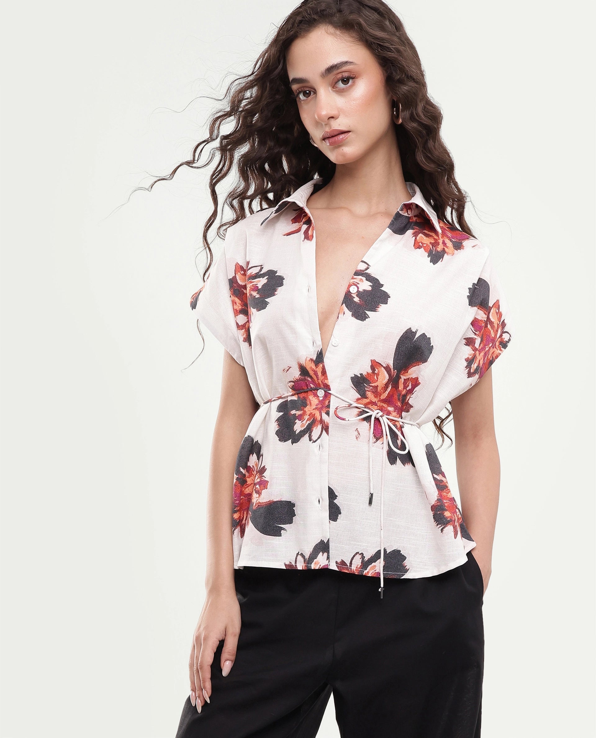 Rareism Women's Inassa Beige Floral Cotton Relaxed Short Sleeves Top
