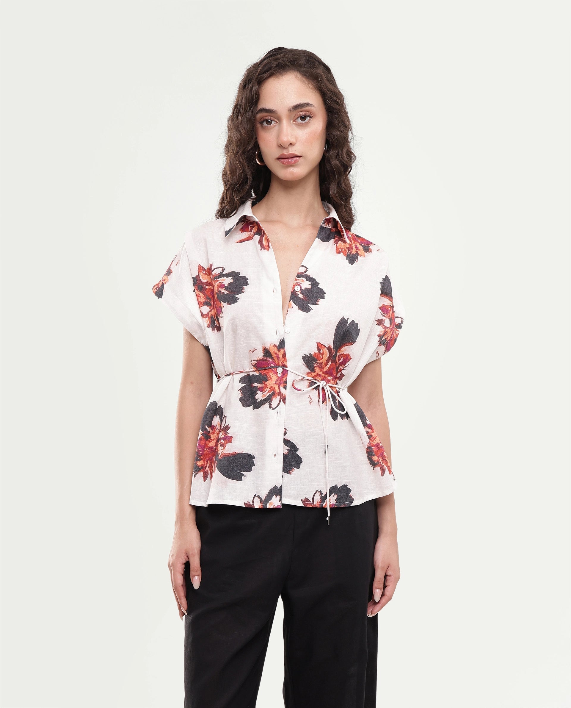Rareism Women's Inassa Beige Floral Cotton Relaxed Short Sleeves Top