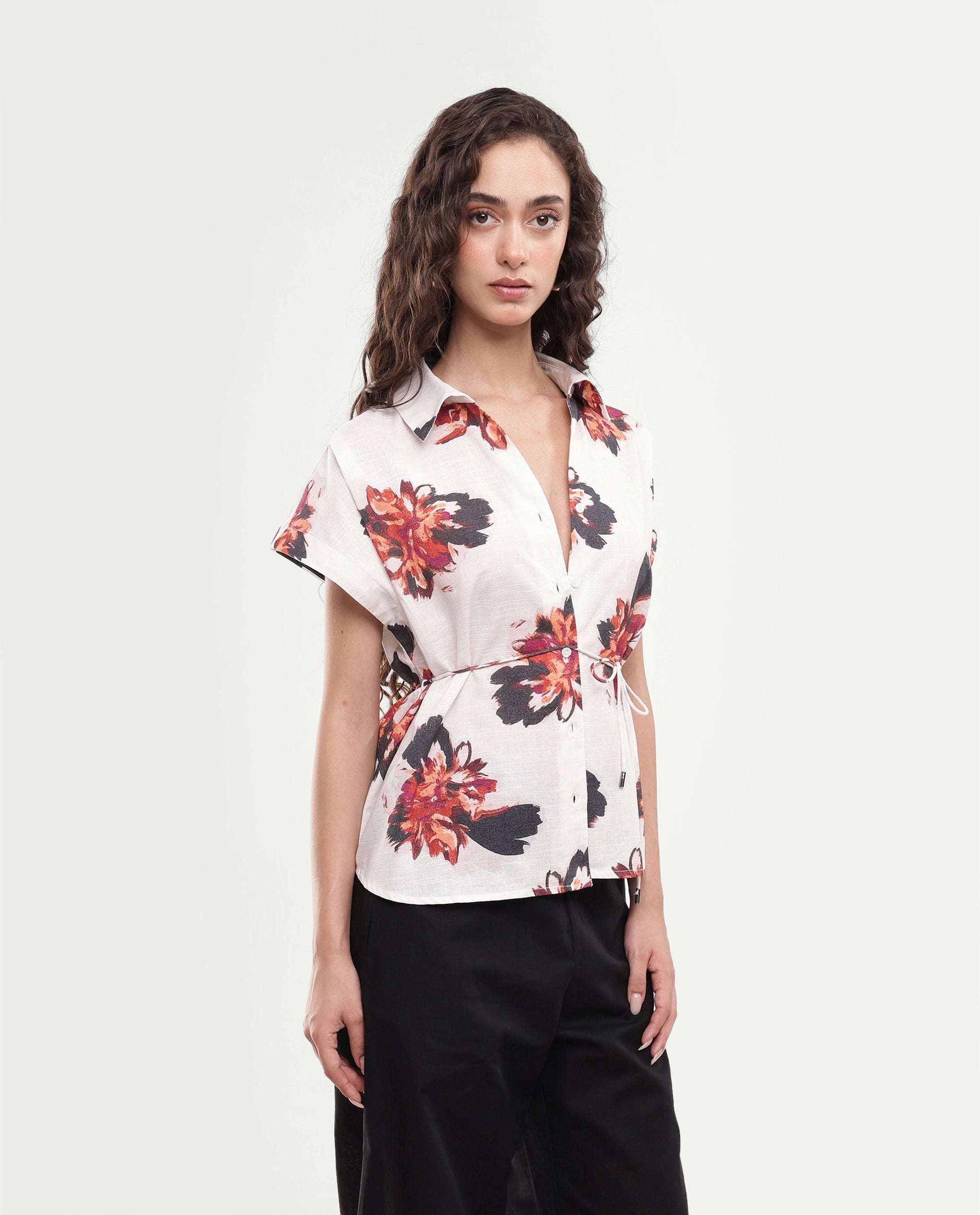Rareism Women's Inassa Beige Floral Cotton Relaxed Short Sleeves Top