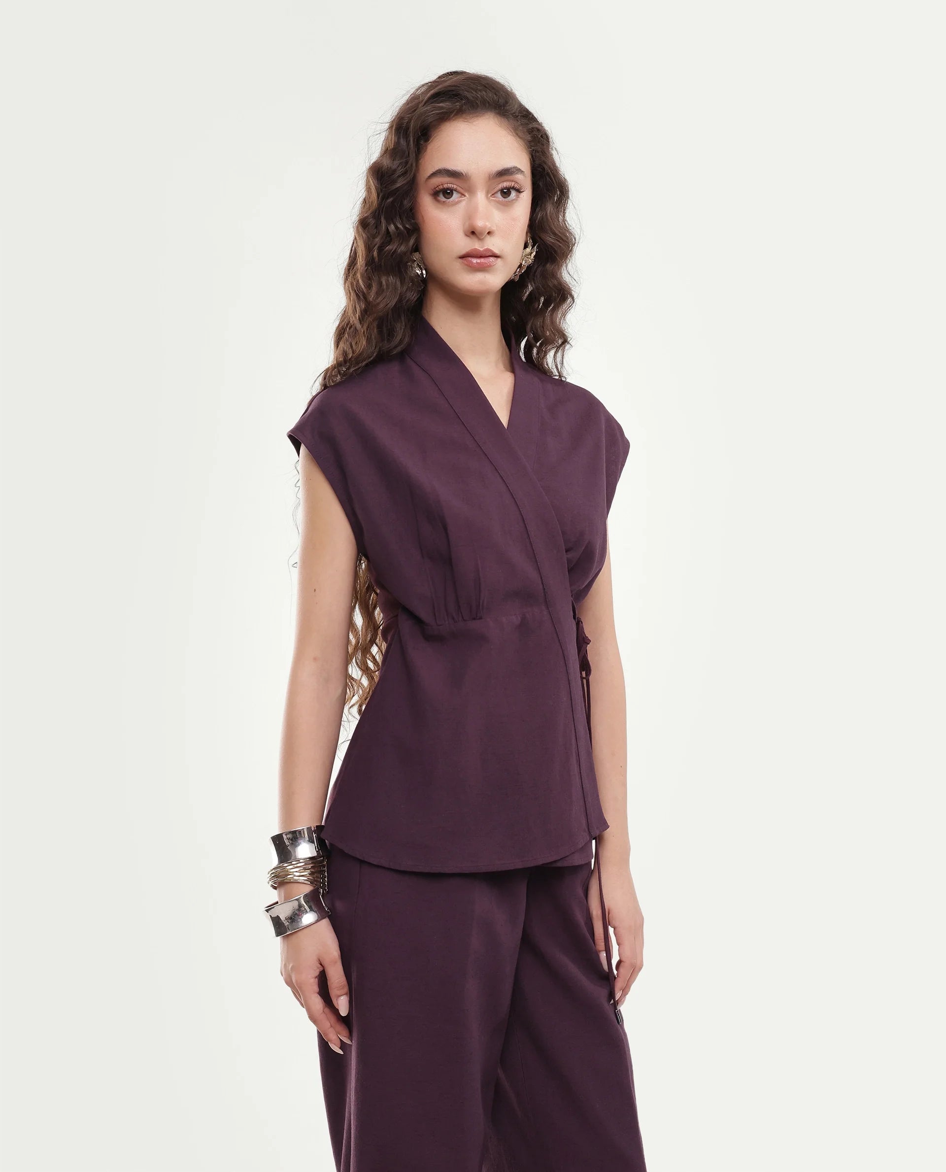 Rareism Women's Ileris-T Purple Linen Blend Tie-Up Wrap Top