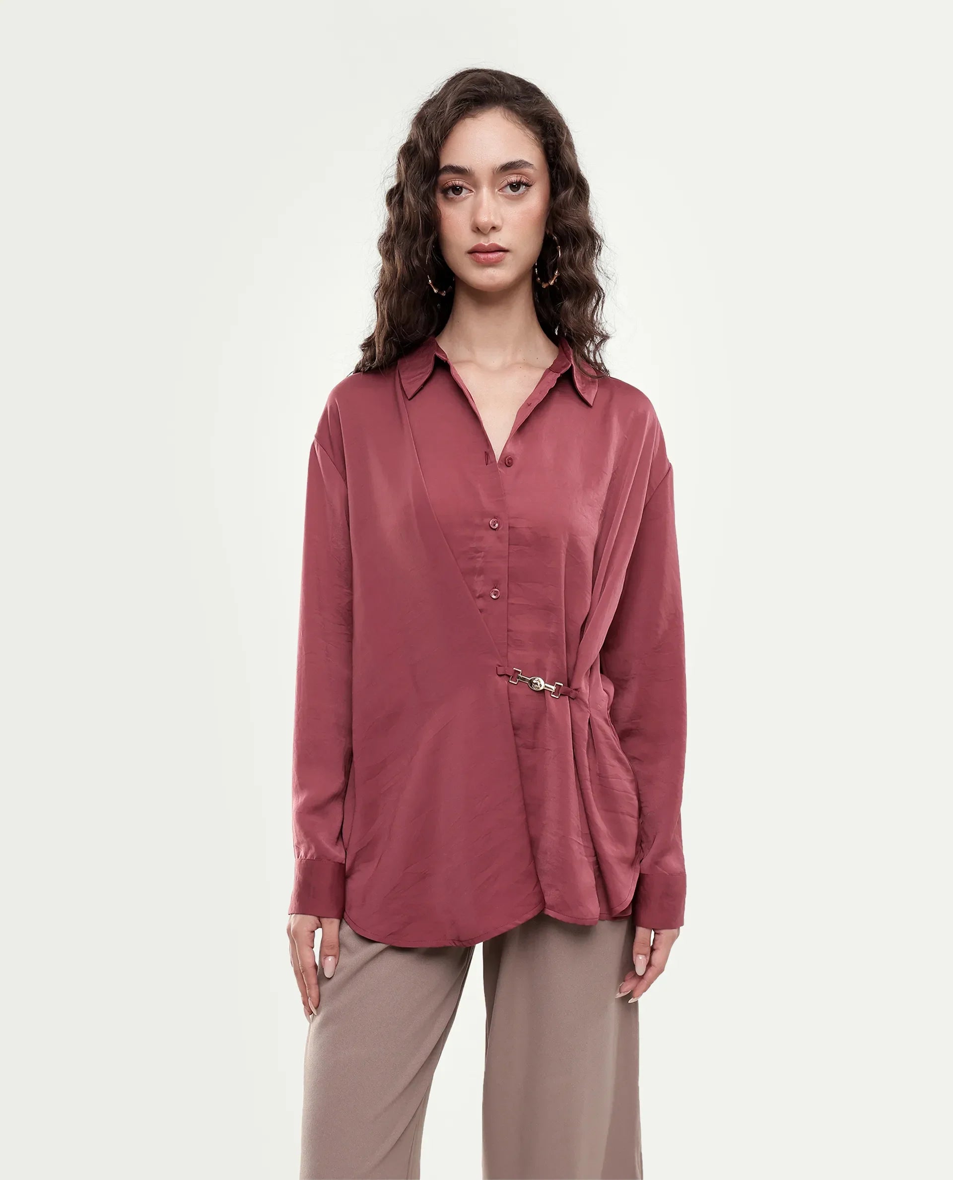Rareism Women's Ilara Dusky Pink Polyester Button Relaxed Fit Shirt