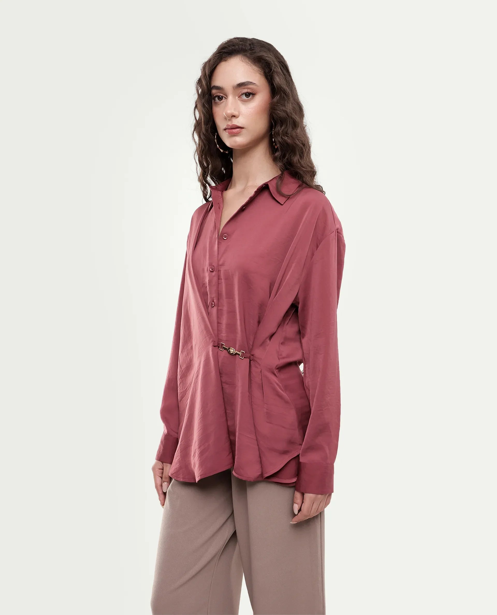 Rareism Women's Ilara Dusky Pink Polyester Button Relaxed Fit Shirt