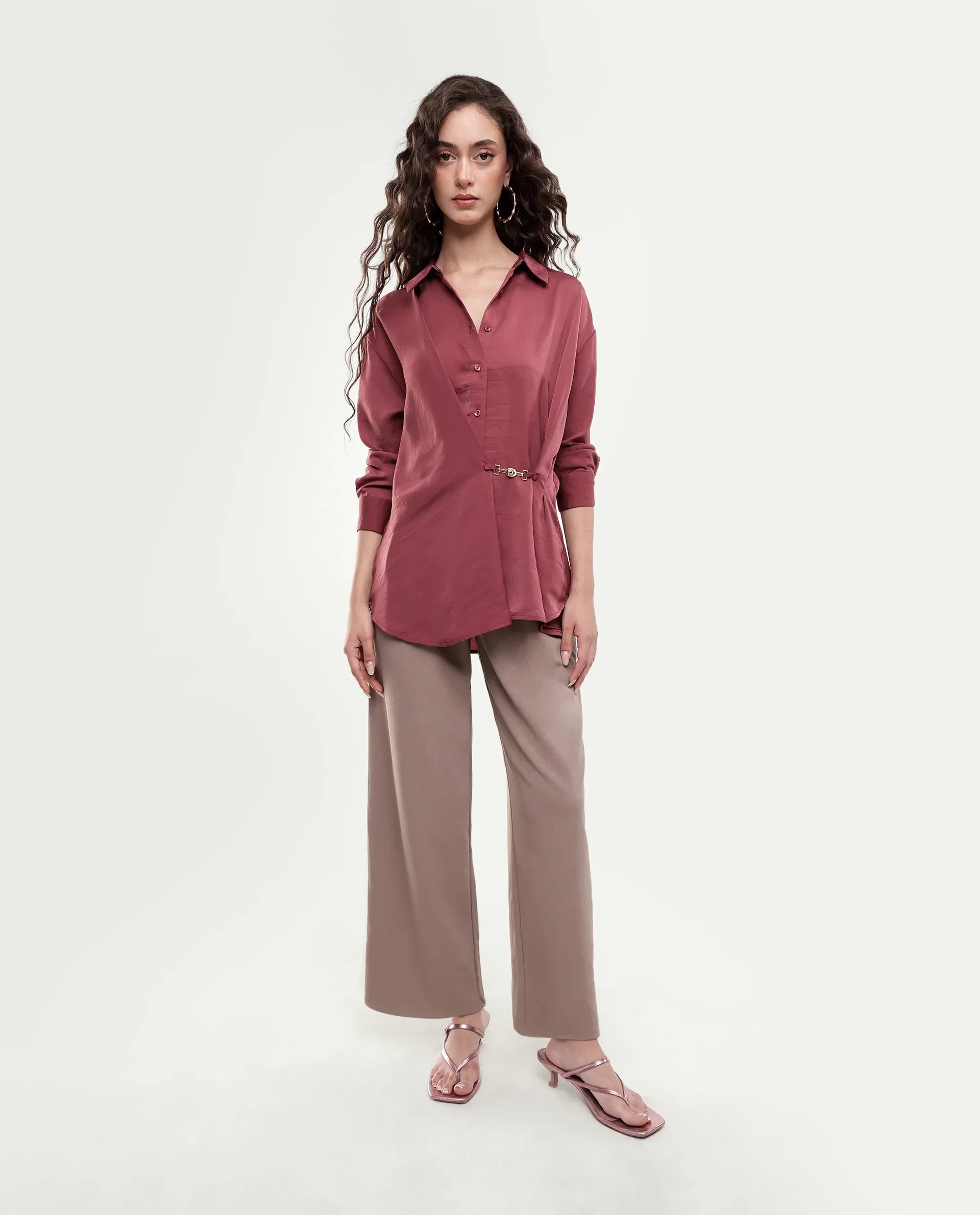 Rareism Women's Ilara Dusky Pink Polyester Button Relaxed Fit Shirt