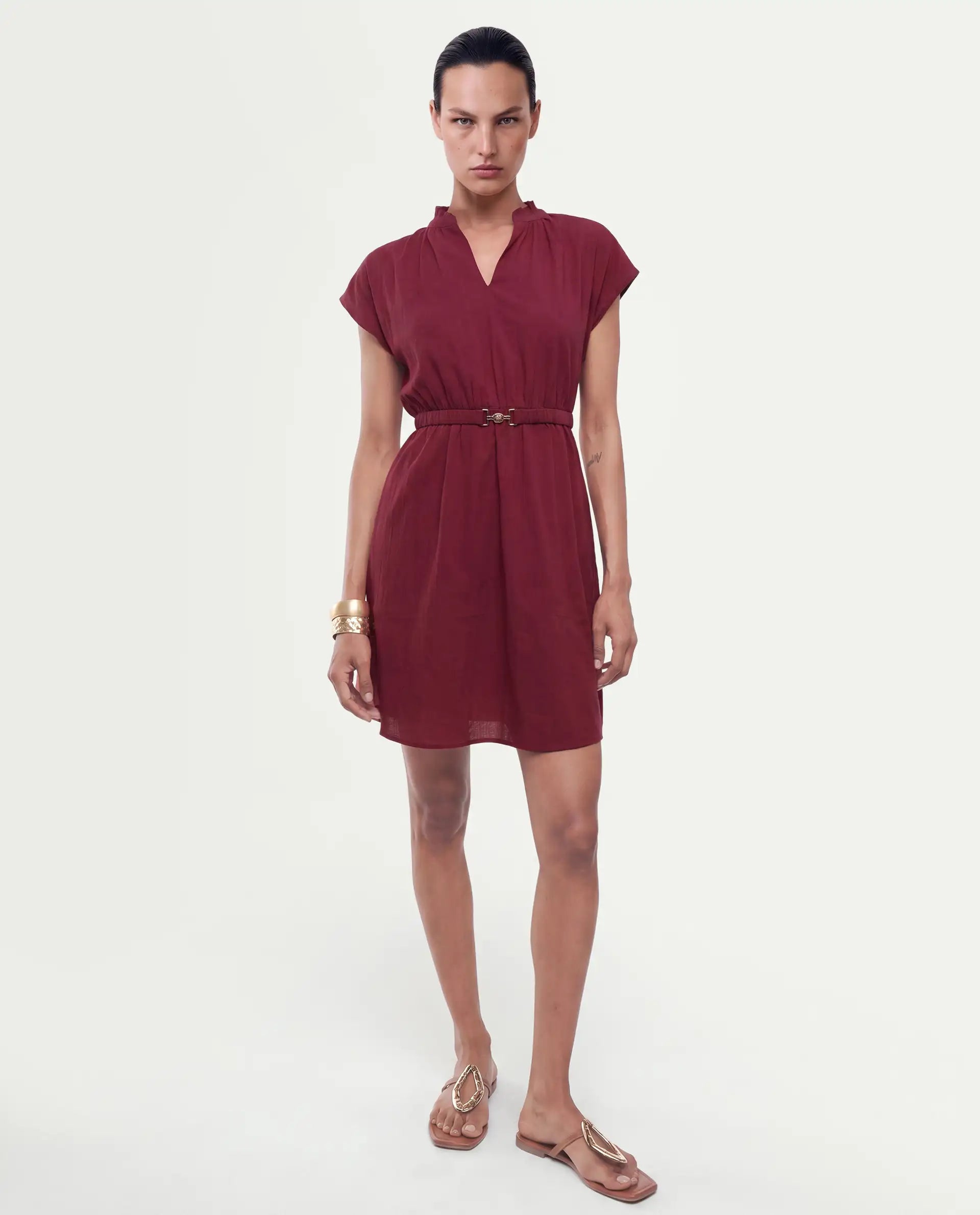 Rareism Women's Fenty Dark Red Cotton Pull-On A-Line Dress