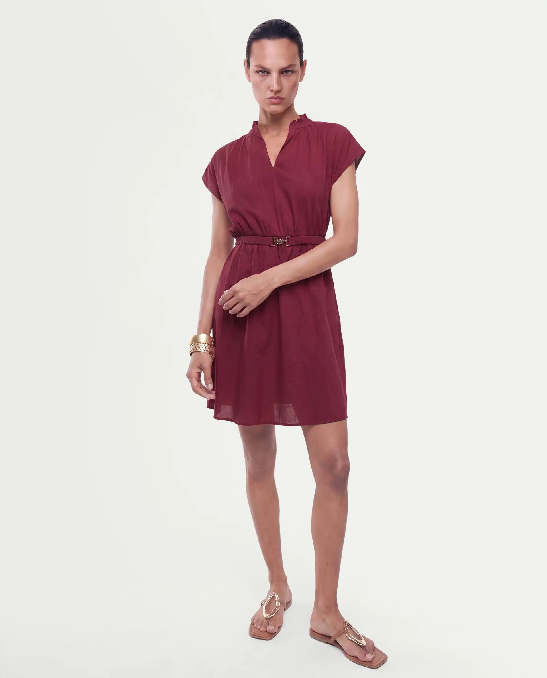 Rareism Women's Fenty Dark Red Cotton Pull-On A-Line Dress