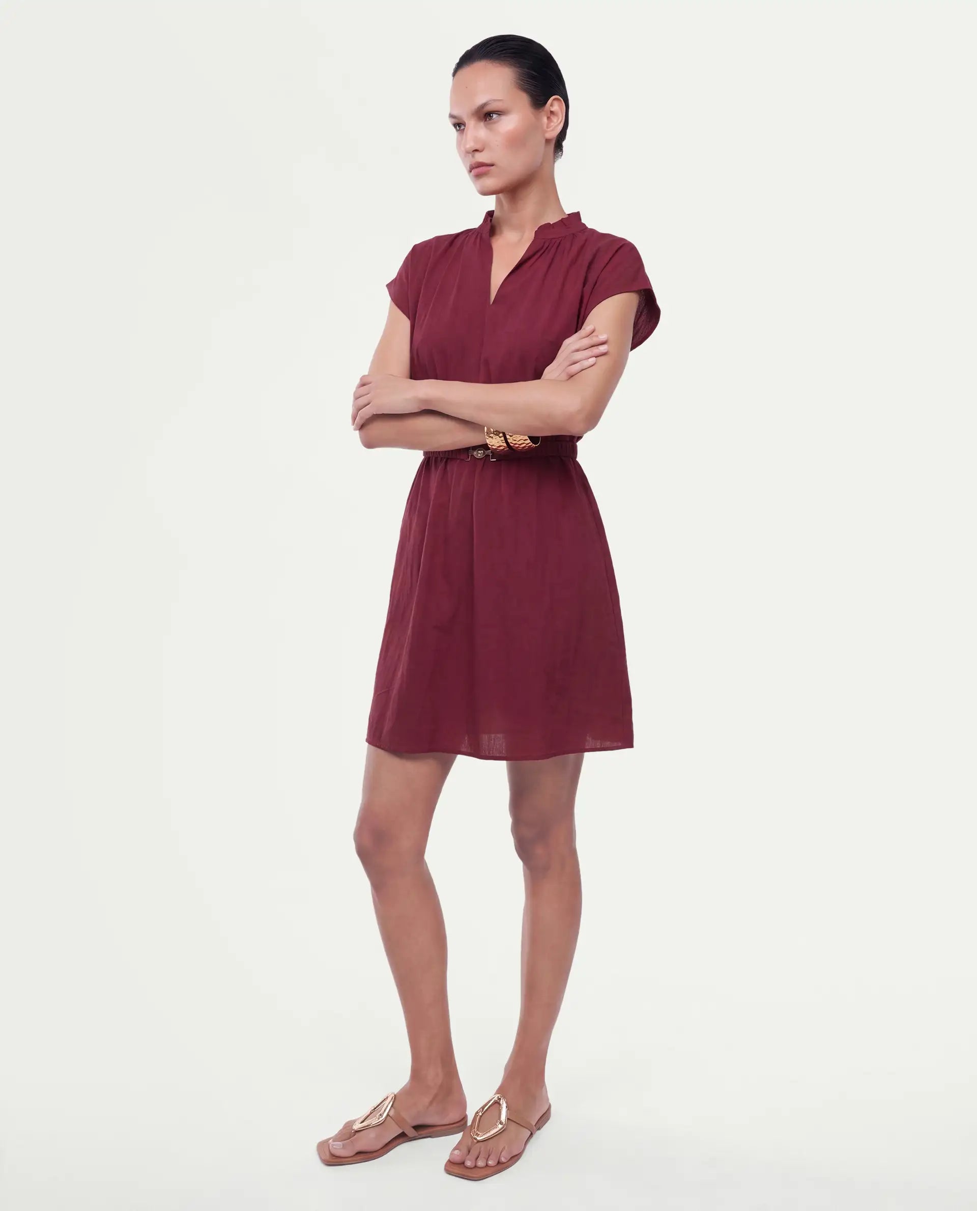 Rareism Women's Fenty Dark Red Cotton Pull-On A-Line Dress