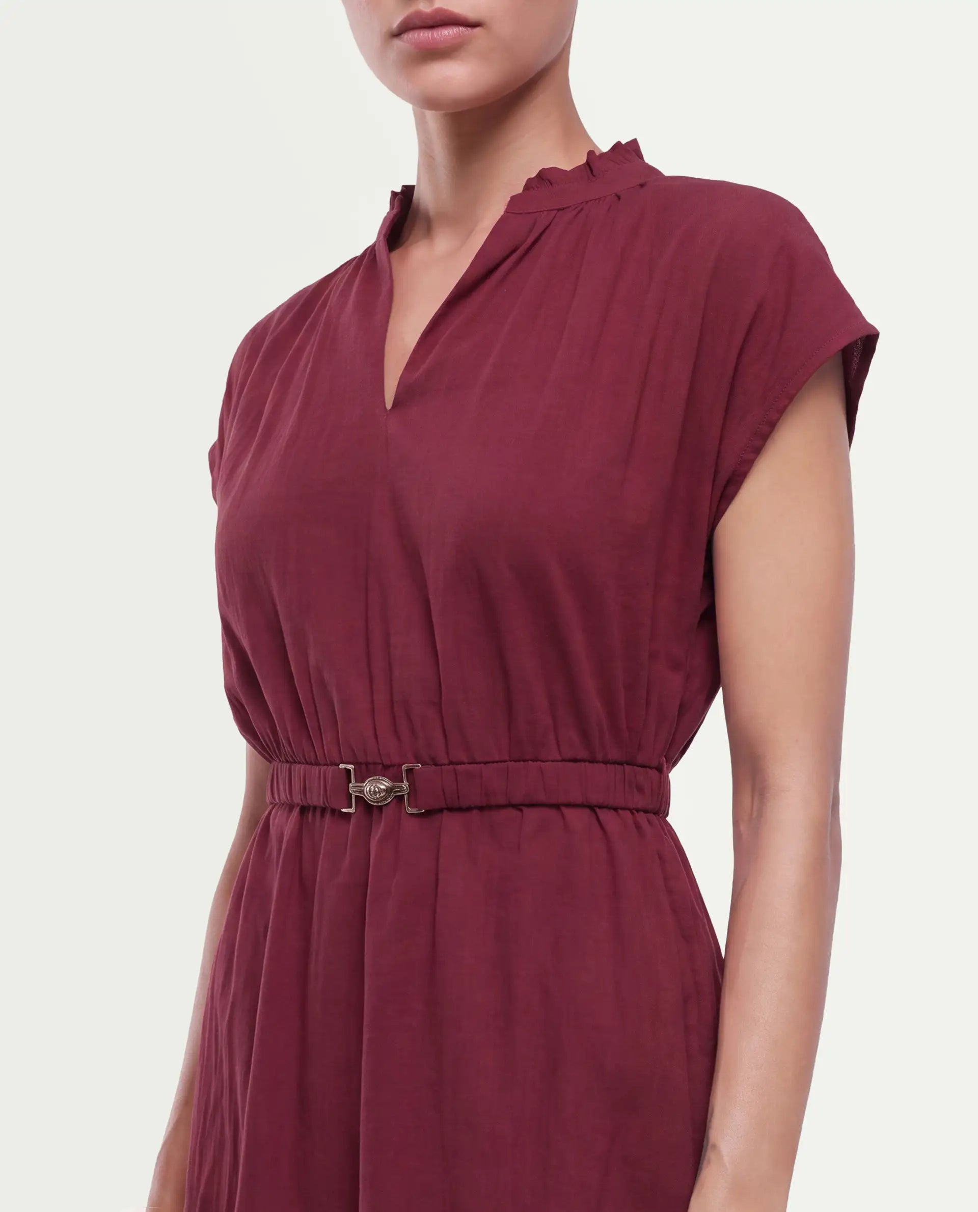 Rareism Women's Fenty Dark Red Cotton Pull-On A-Line Dress