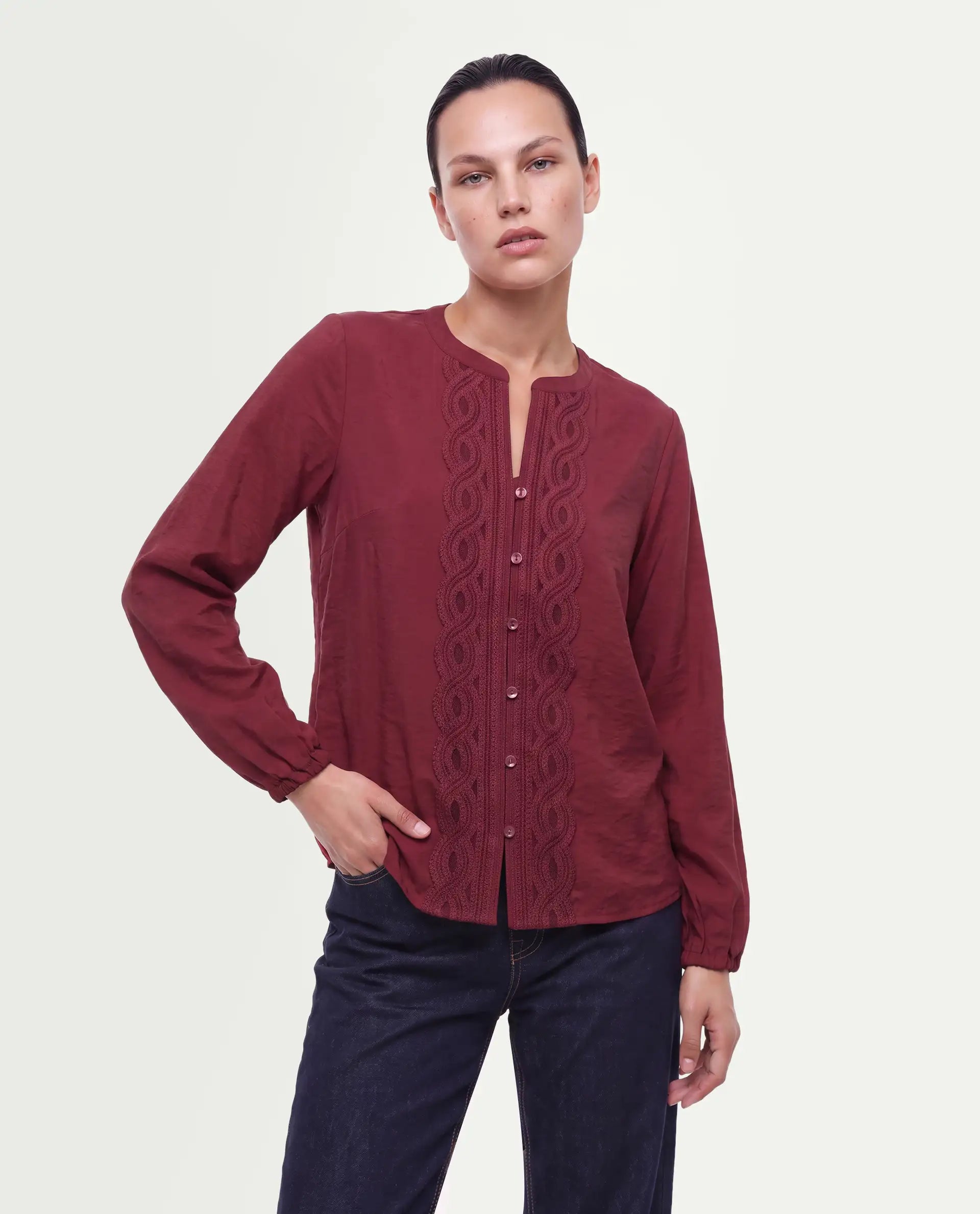 Rareism Women's Fenchy Dark Red Viscose Blend Button Regular Fit Top