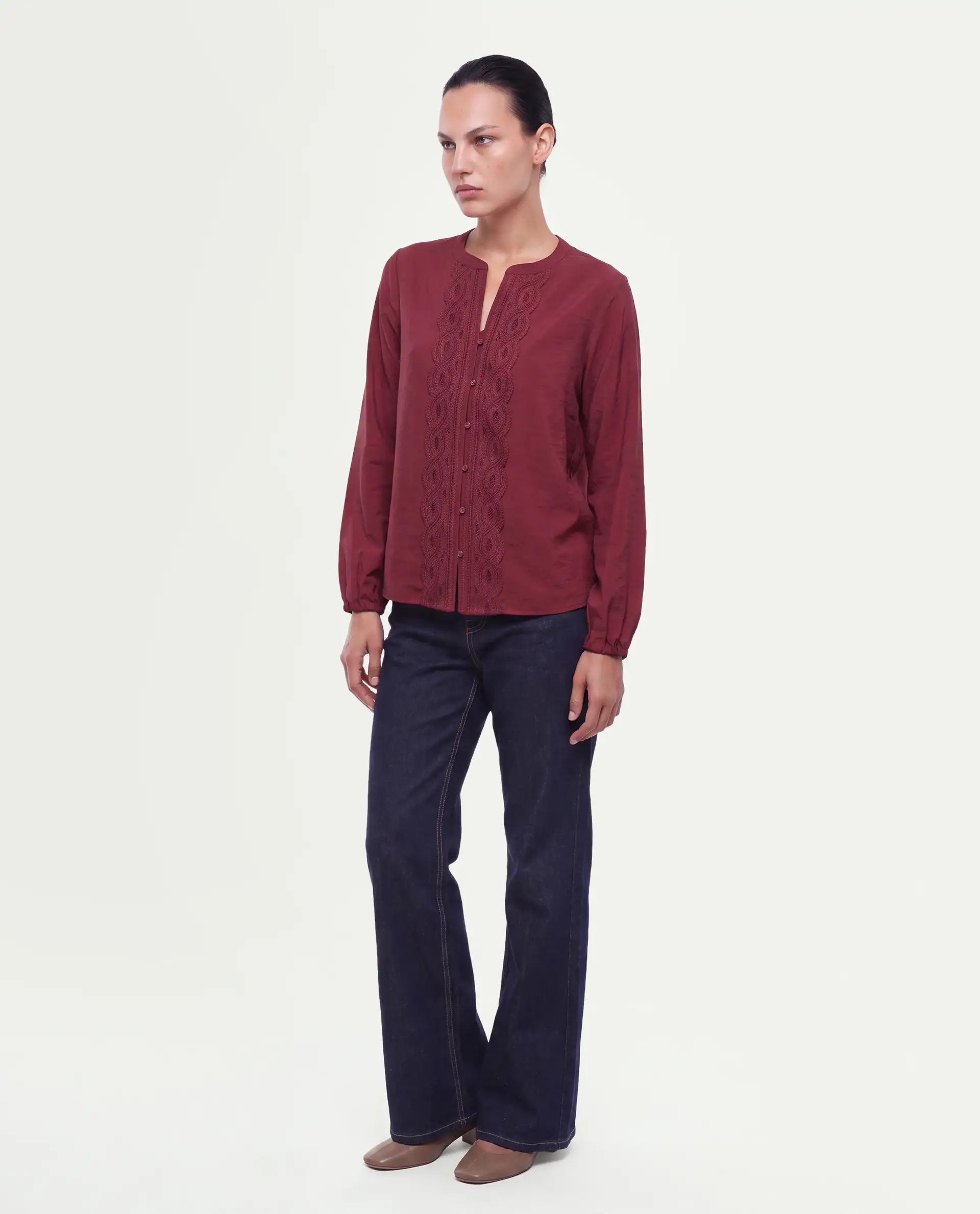 Rareism Women's Fenchy Dark Red Viscose Blend Button Regular Fit Top