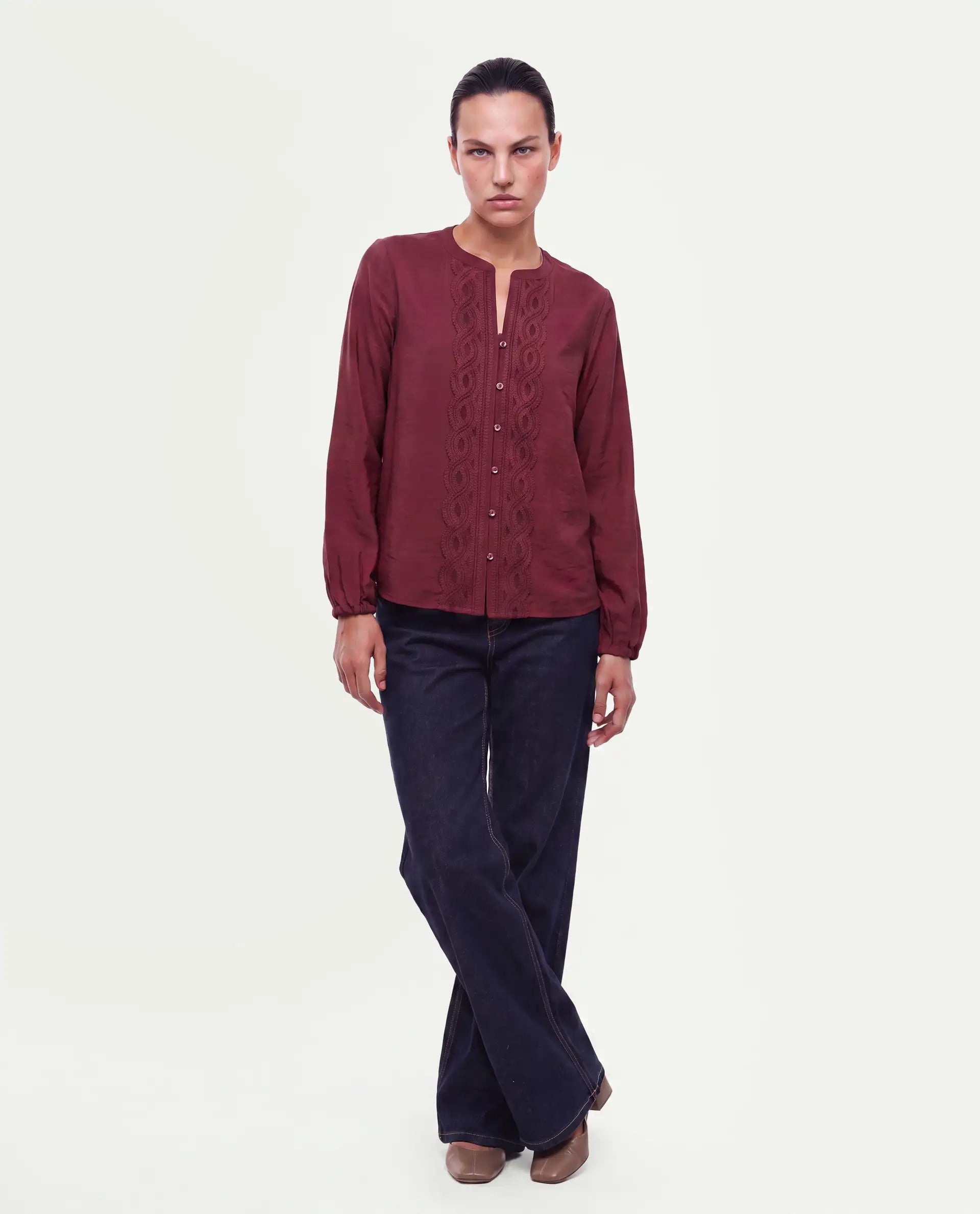 Rareism Women's Fenchy Dark Red Viscose Blend Button Regular Fit Top