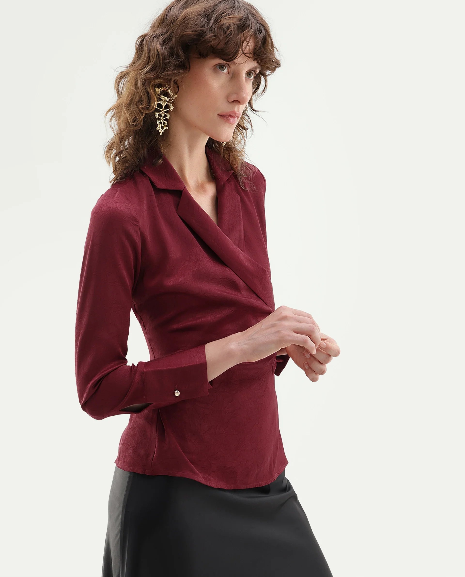 Rareism Women's Fasin Red Polyester Pull-On Wrap Top