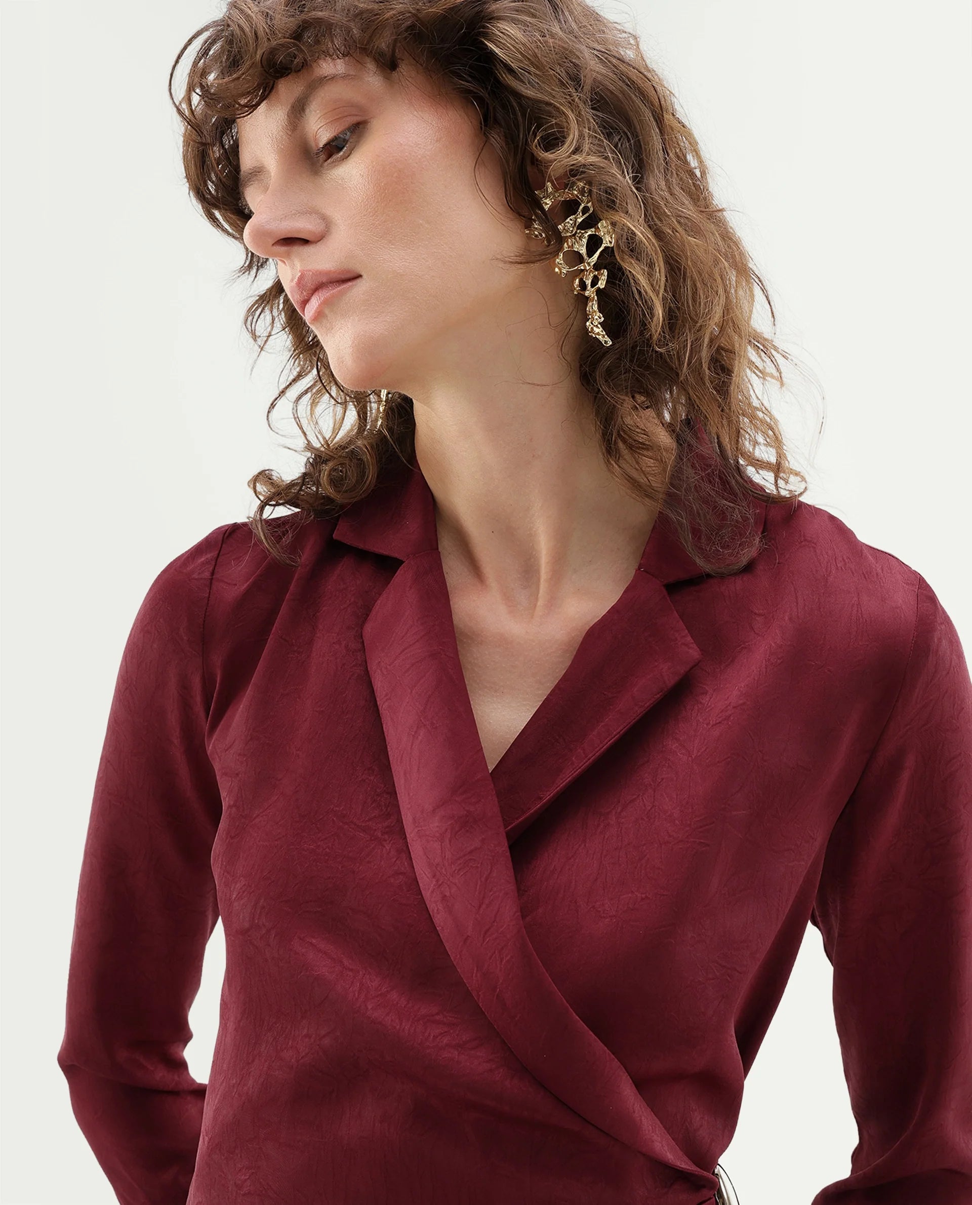 Rareism Women's Fasin Red Polyester Pull-On Wrap Top