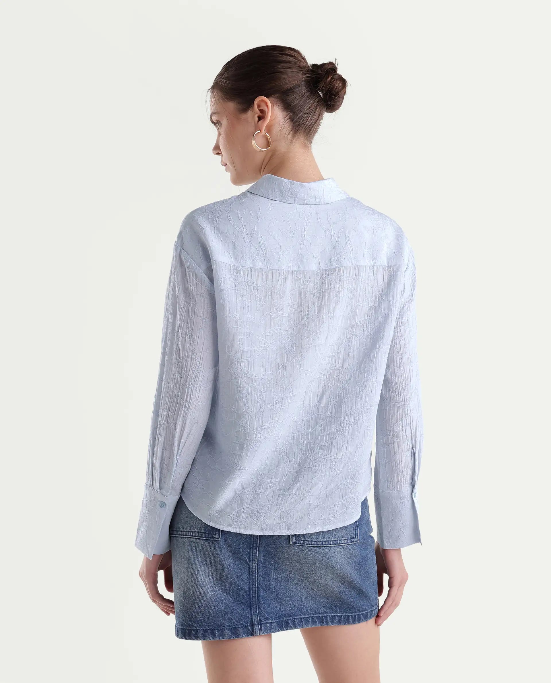 Rareism Women's Fosk Pastel Blue Viscose Blend Button Relaxed Fit Jacquard Shirt