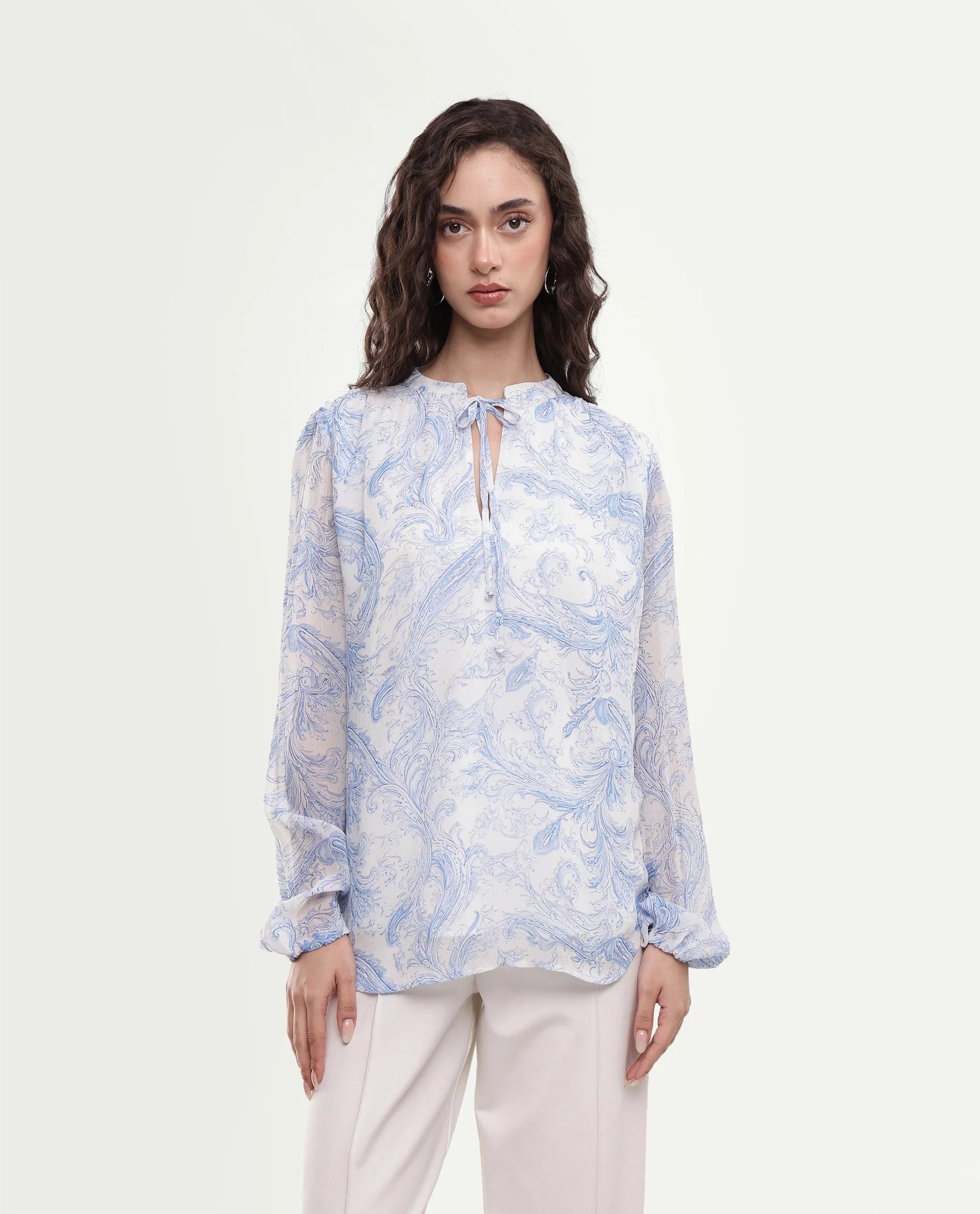 Rareism Women's Flip Light Blue Viscose Tie-Up Relaxed Fit Paisley Print Top