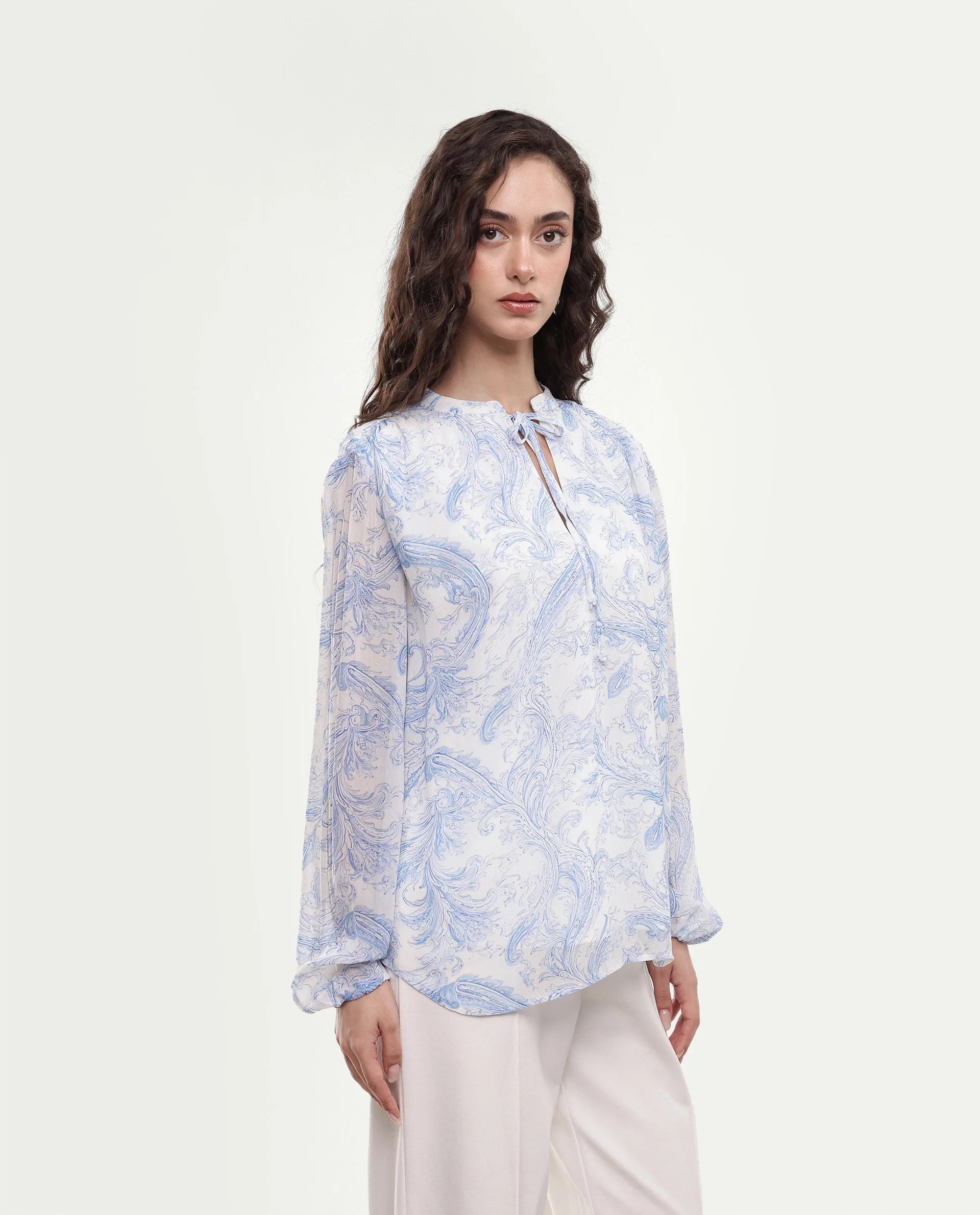 Rareism Women's Flip Light Blue Viscose Tie-Up Relaxed Fit Paisley Print Top