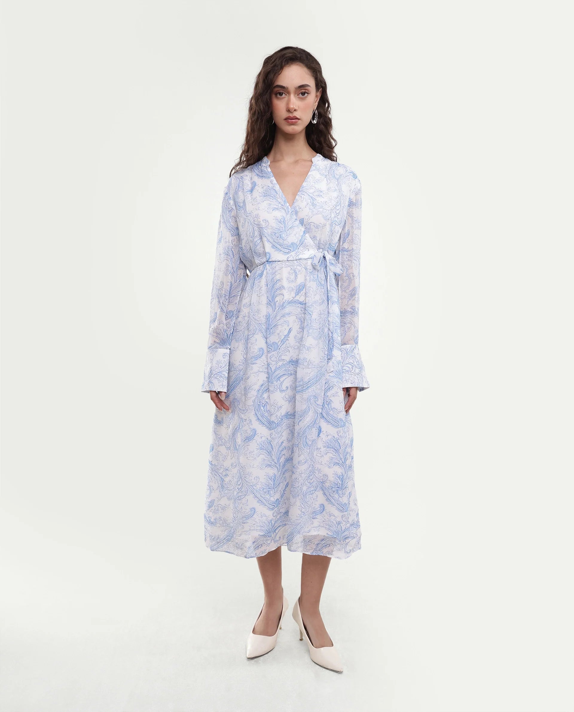 Rareism Women's Flipy Light Blue Viscose Tie-Up Wrap Paisley Print Dress