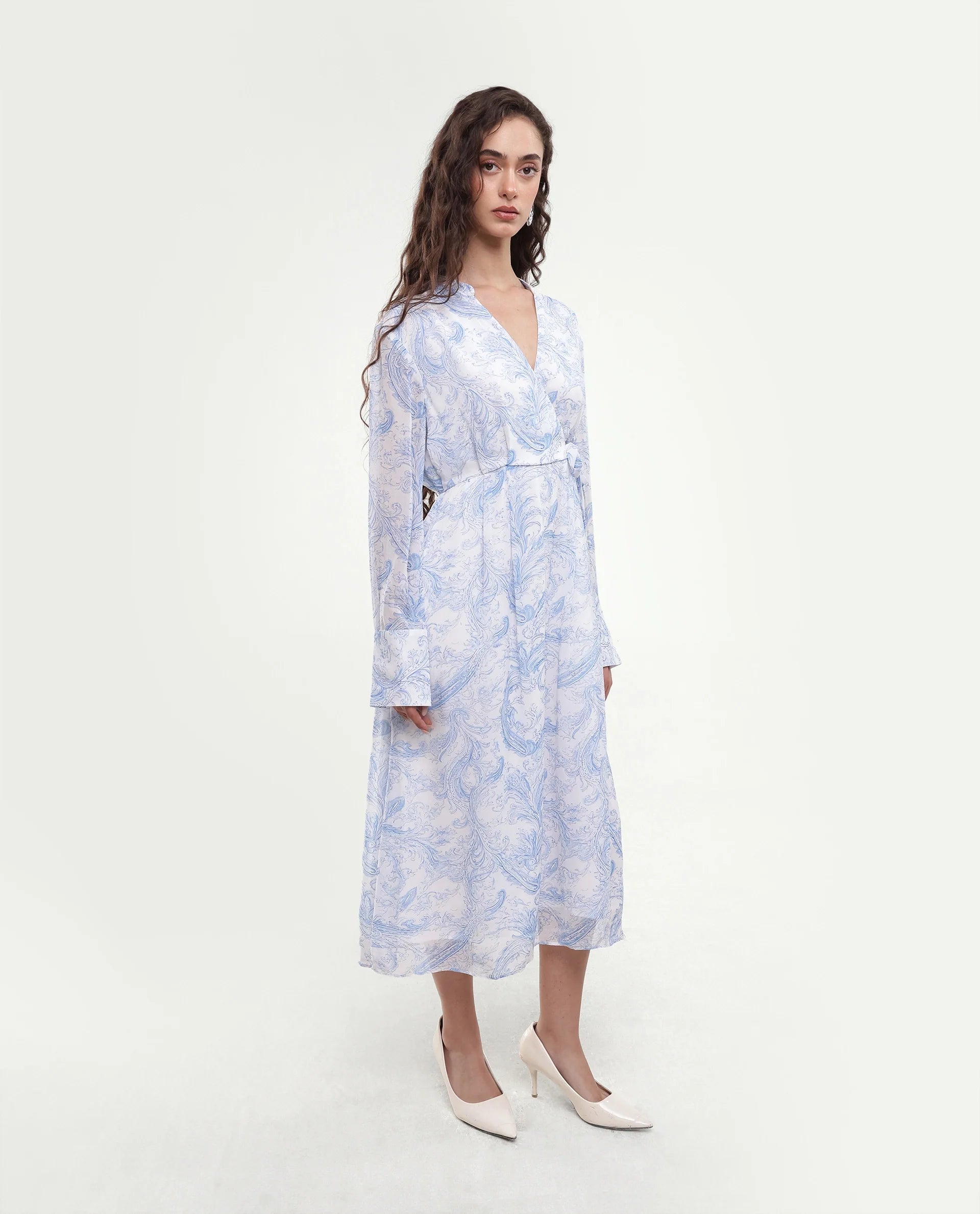 Rareism Women's Flipy Light Blue Viscose Tie-Up Wrap Paisley Print Dress