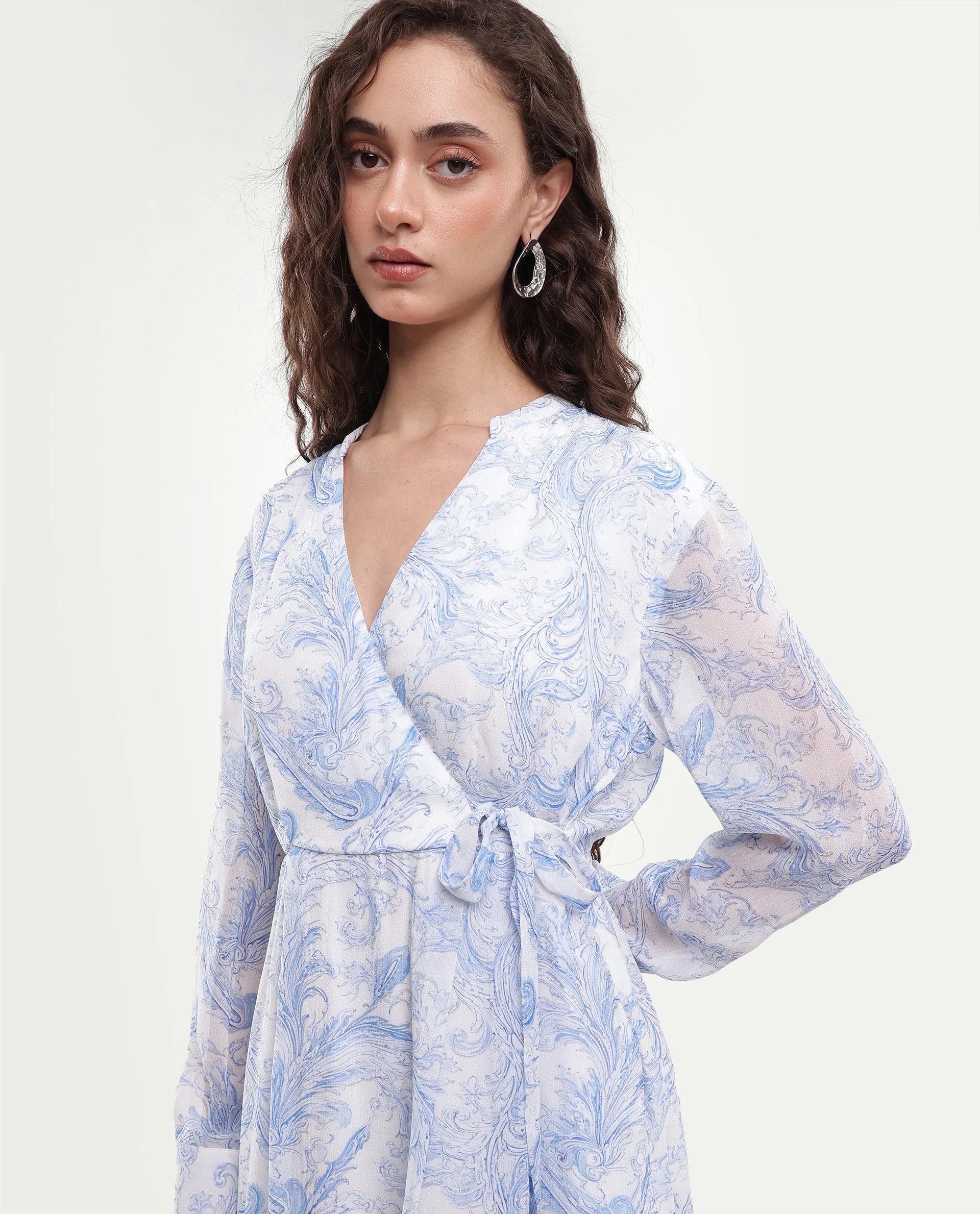 Rareism Women's Flipy Light Blue Viscose Tie-Up Wrap Paisley Print Dress