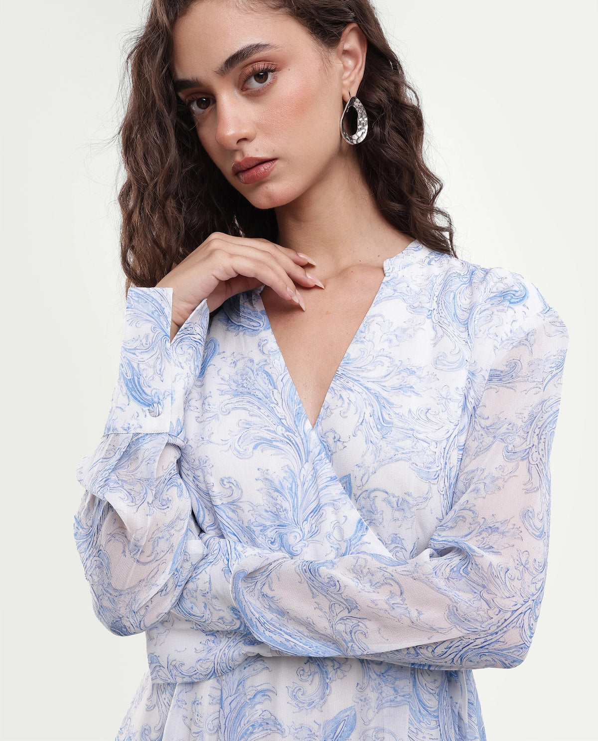 Rareism Women's Flipy Light Blue Viscose Tie-Up Wrap Paisley Print Dress