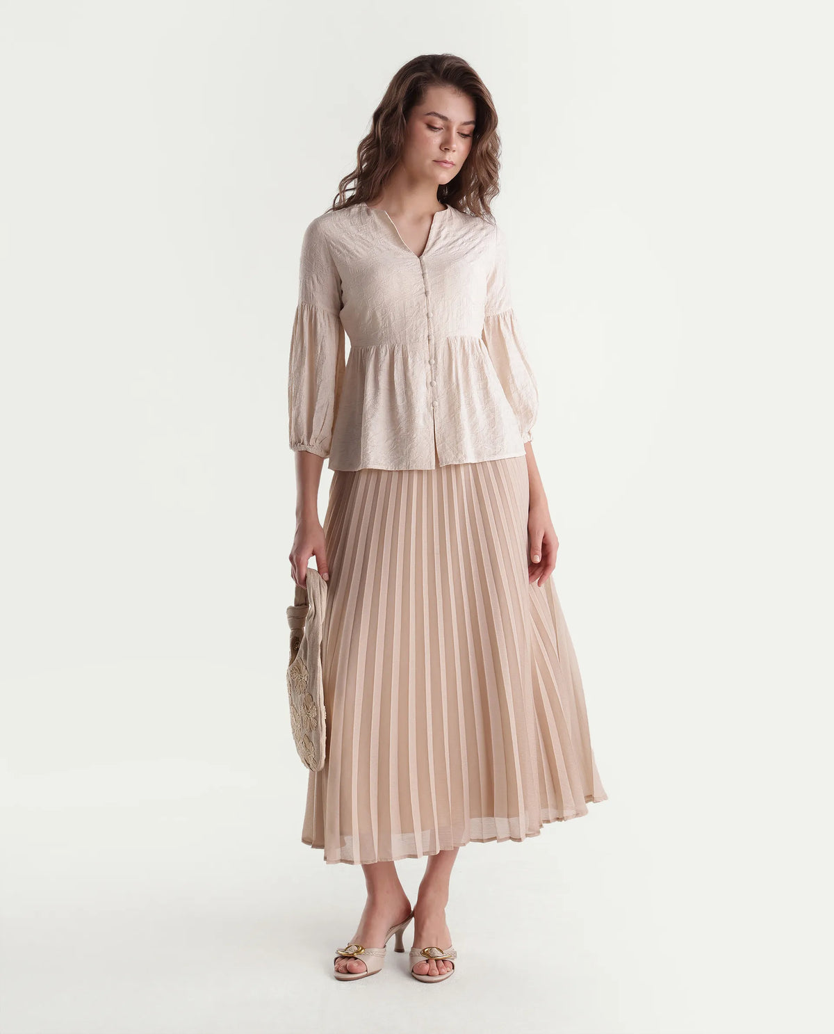 Rareism Women's Flun Light Beige Viscose Blend Button Peplum Jacquard Top