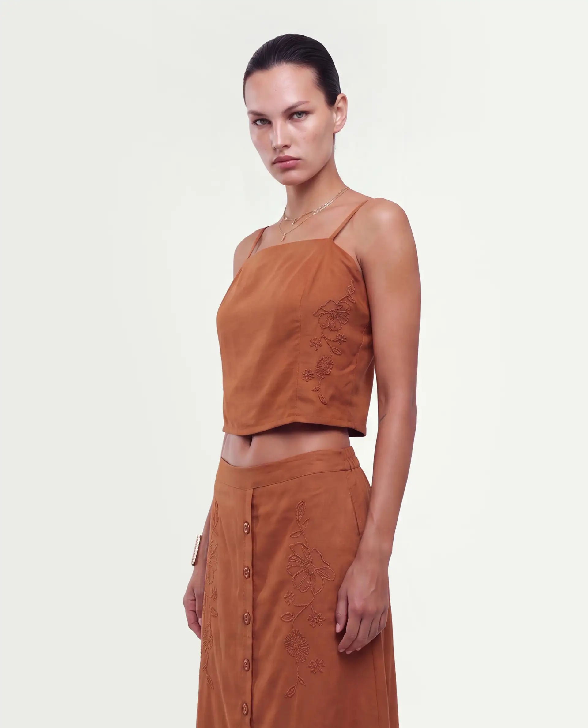 Rareism Women's Fosse-T Dark Mustard Viscose Pull-On Fitted Embroidered Top