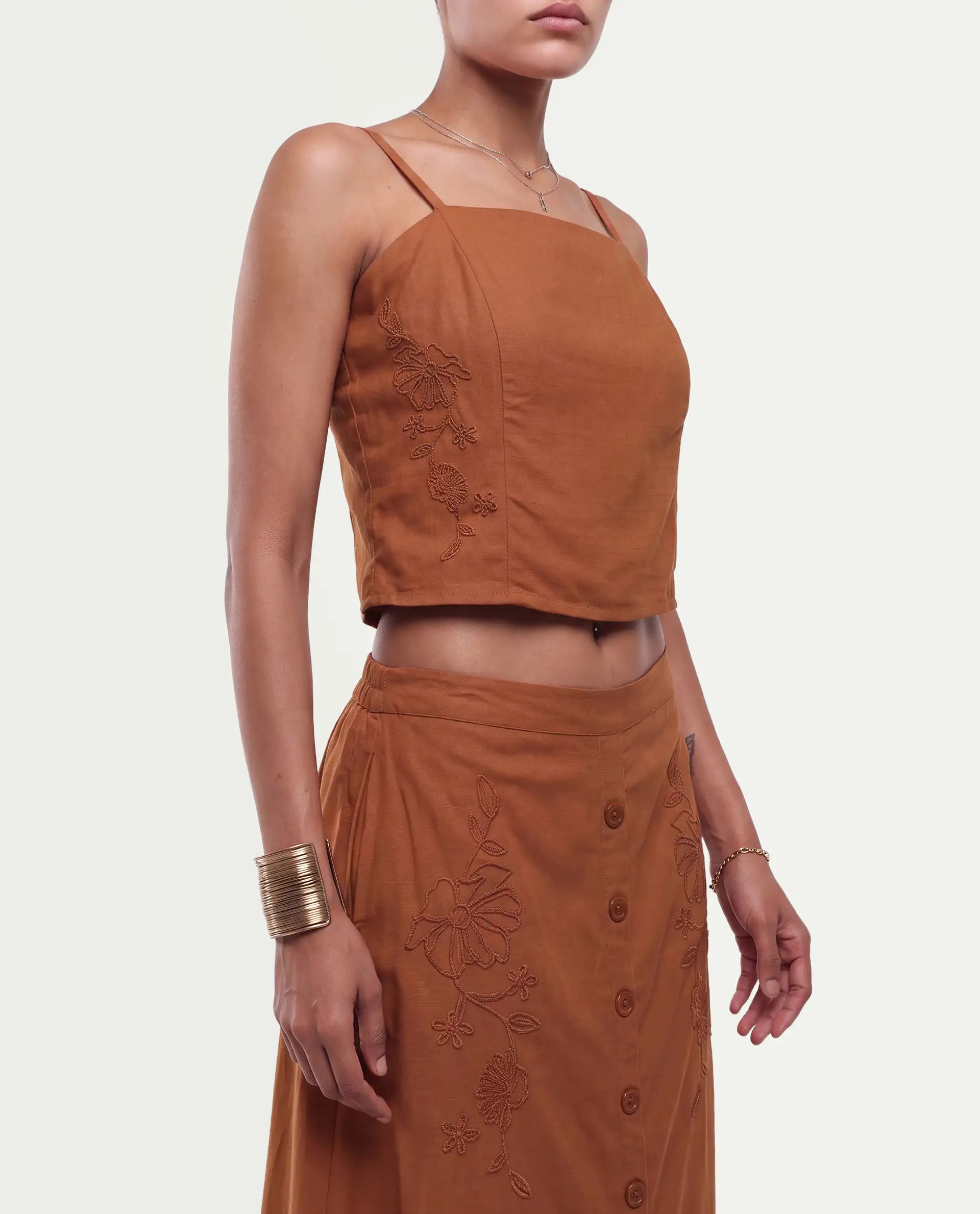 Rareism Women's Fosse-T Dark Mustard Viscose Pull-On Fitted Embroidered Top