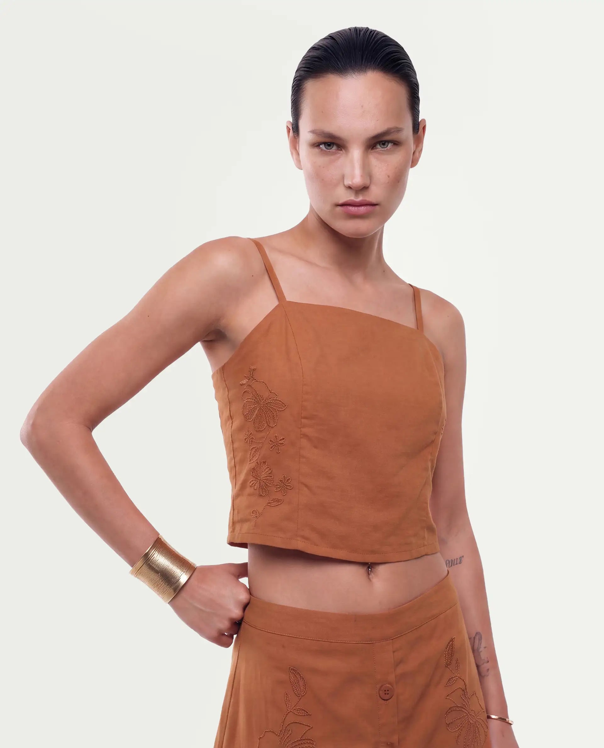 Rareism Women's Fosse-T Dark Mustard Viscose Pull-On Fitted Embroidered Top