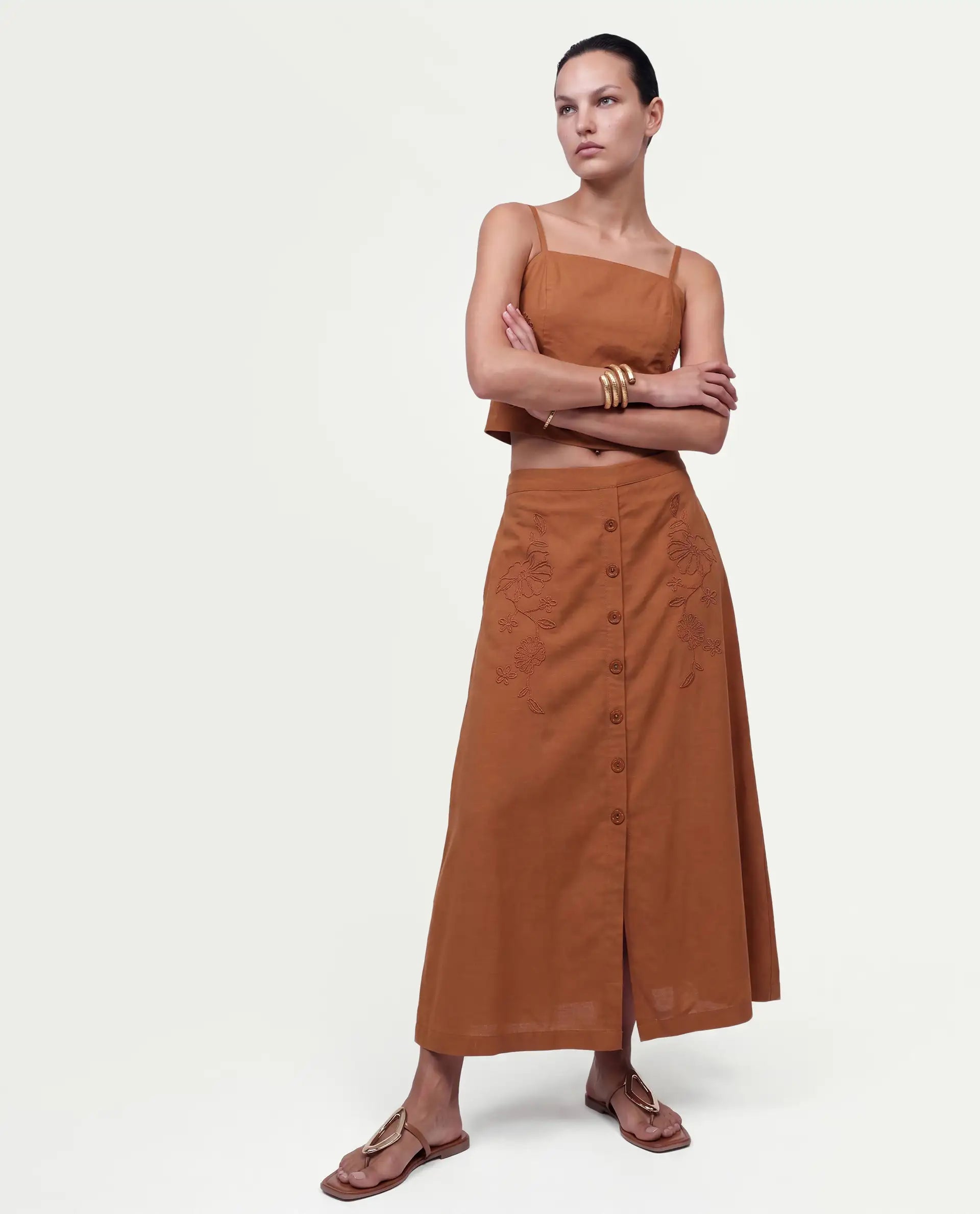 Rareism Women's Fosse-B Dark Mustard Viscose Elastic A-Line Embroidered Skirt