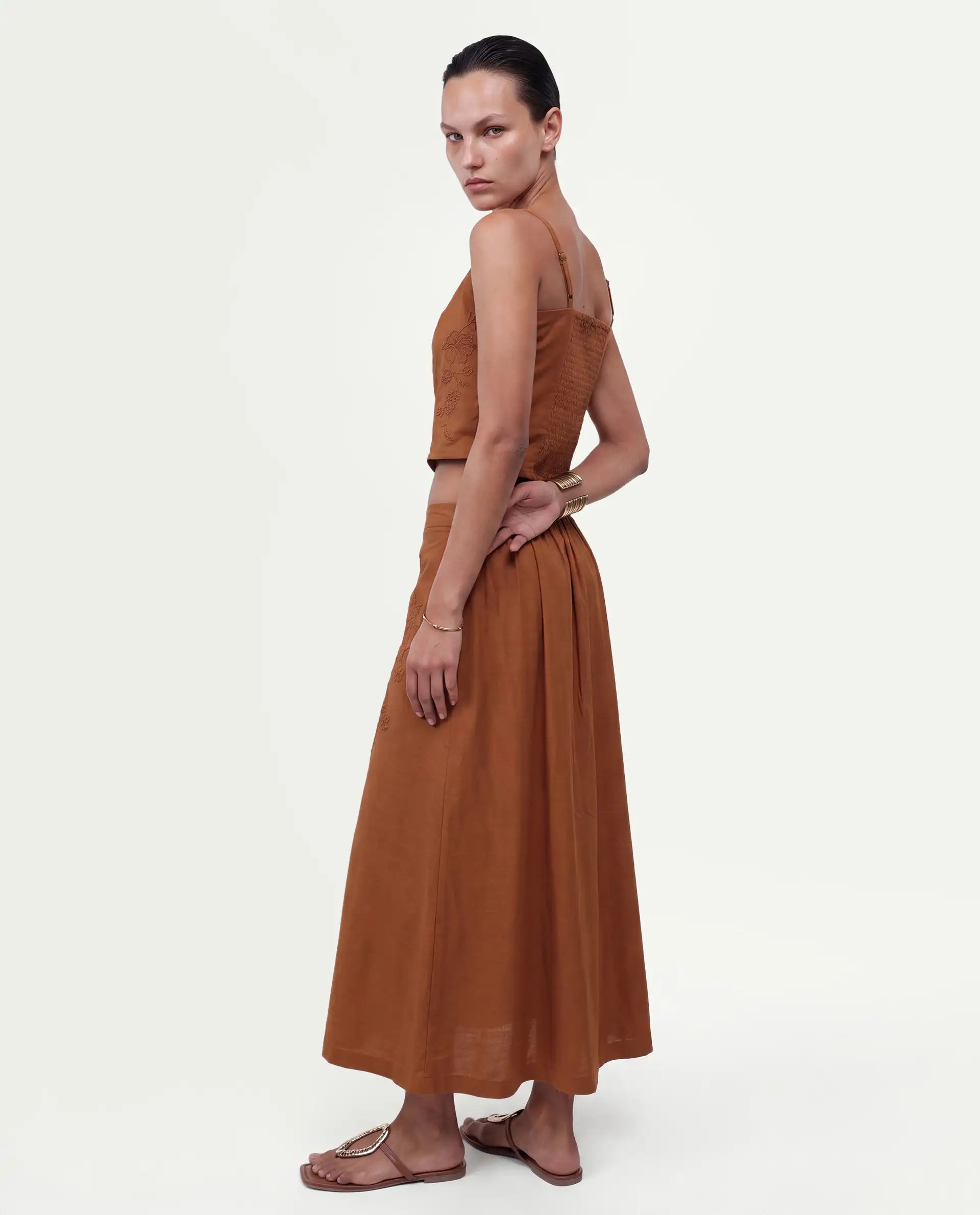 Rareism Women's Fosse-B Dark Mustard Viscose Elastic A-Line Embroidered Skirt