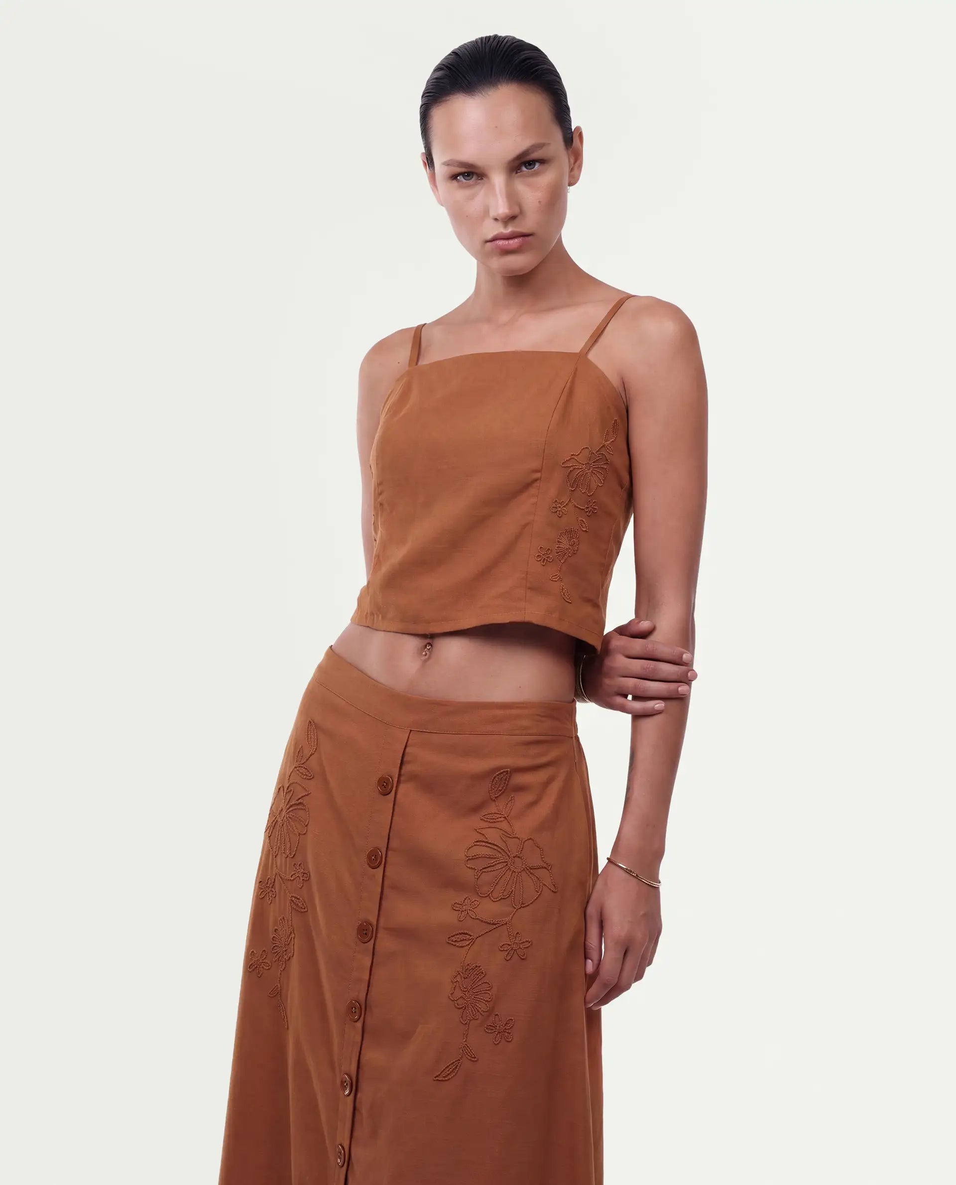 Rareism Women's Fosse-B Dark Mustard Viscose Elastic A-Line Embroidered Skirt