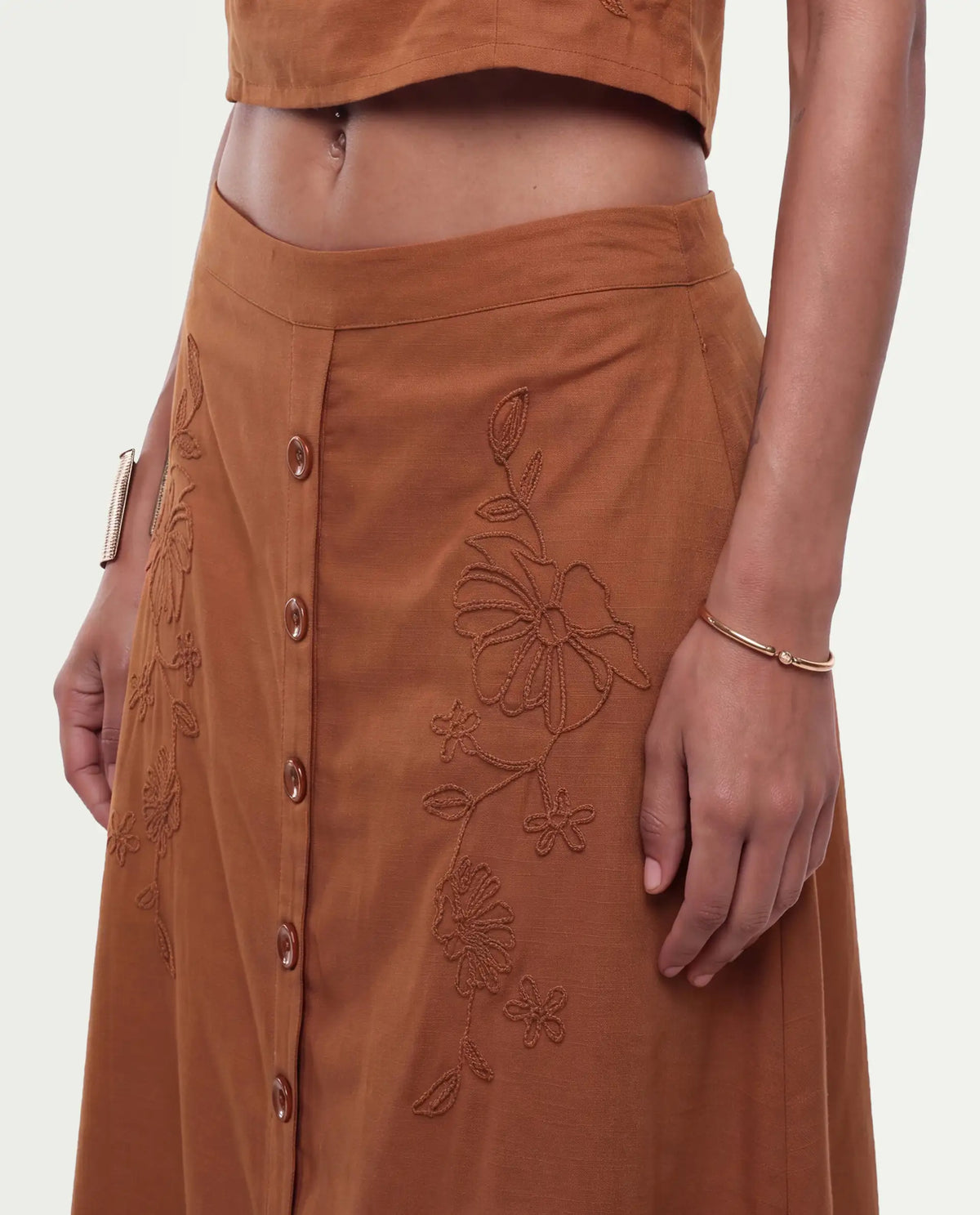 Rareism Women's Fosse-B Dark Mustard Viscose Elastic A-Line Embroidered Skirt