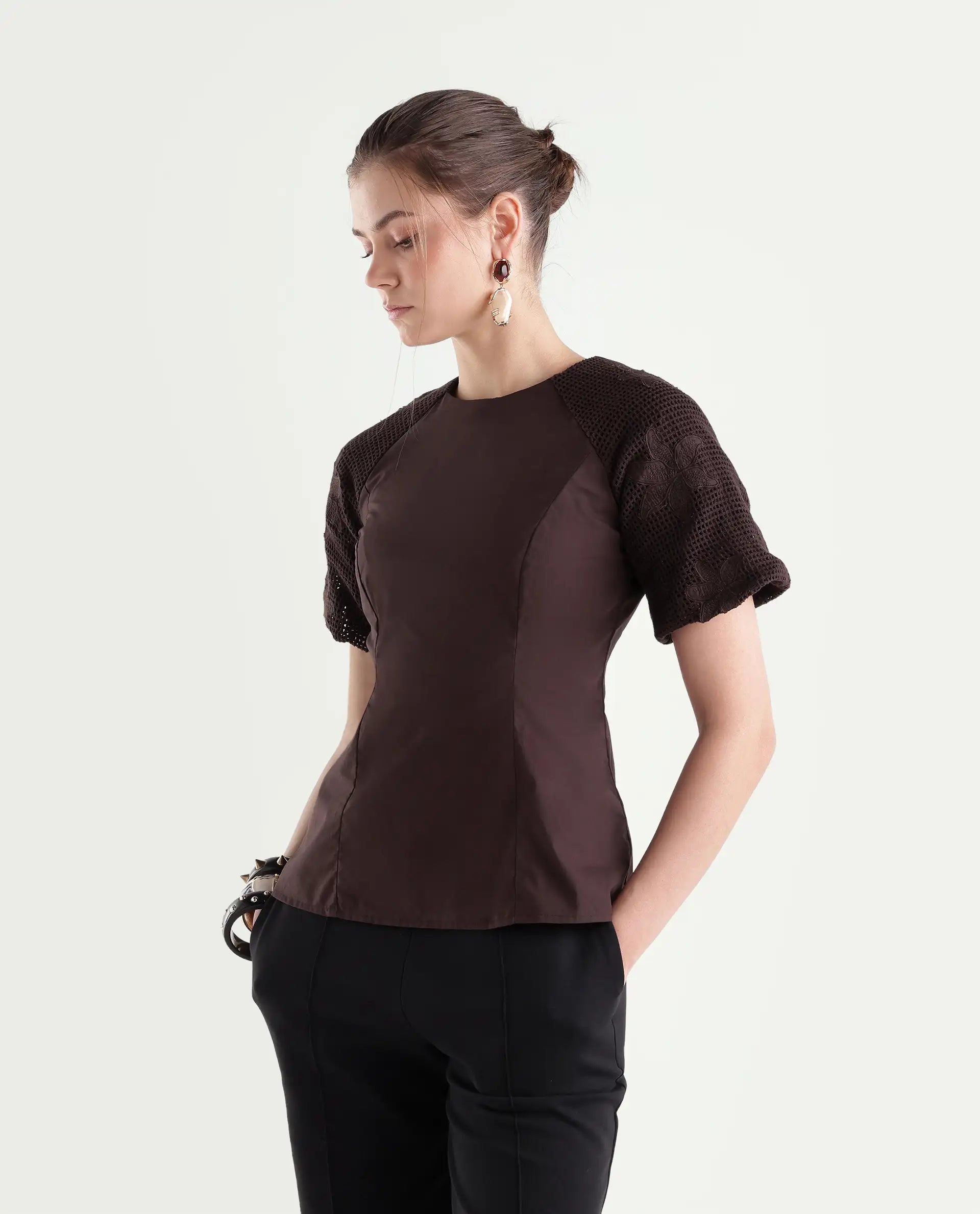 Rareism Women's Yoru Brown Cotton Button And Zip Regular Fit Top