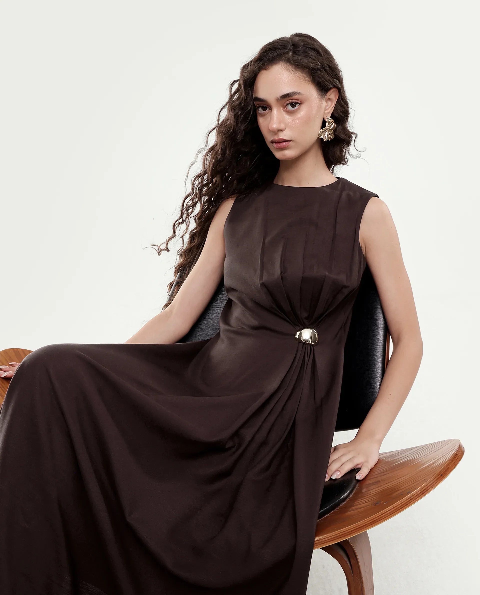 Rareism Women's Jensero-Aw26 Brown Viscose Button And Zip Fit And Flare Dress