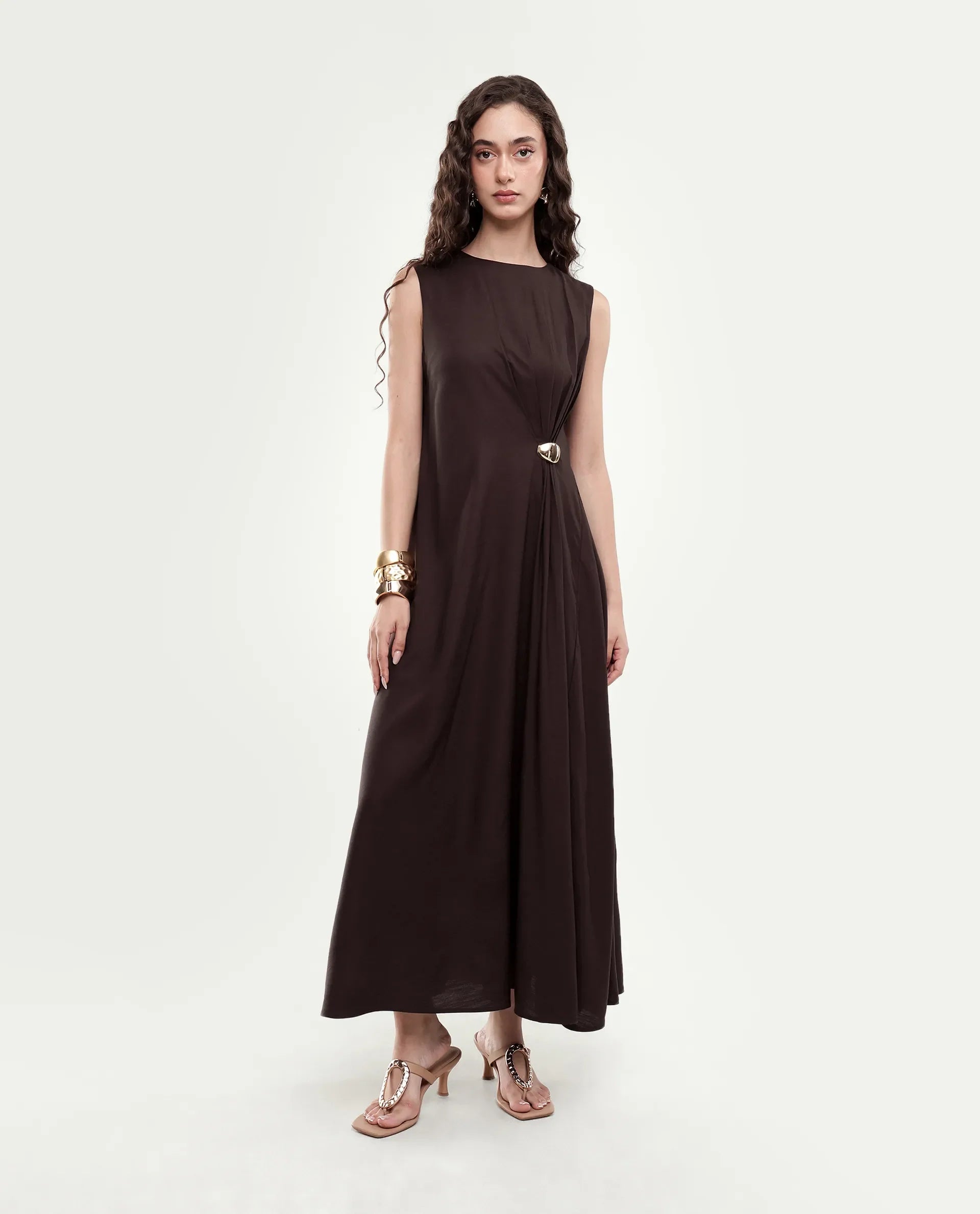 Rareism Women's Jensero-Aw26 Brown Viscose Button And Zip Fit And Flare Dress