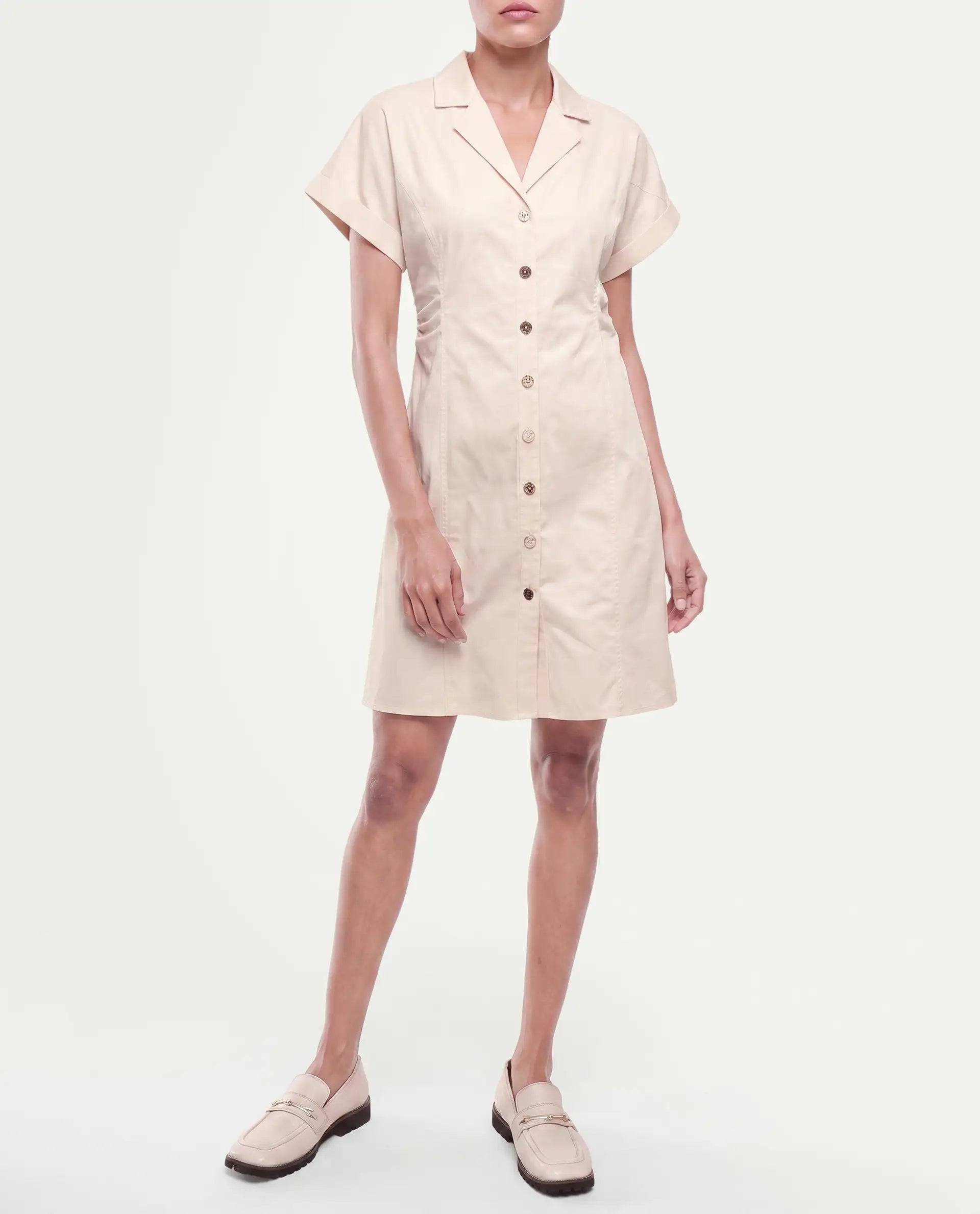 Rareism Women's Inara Beige Cotton Button Fitted Dress