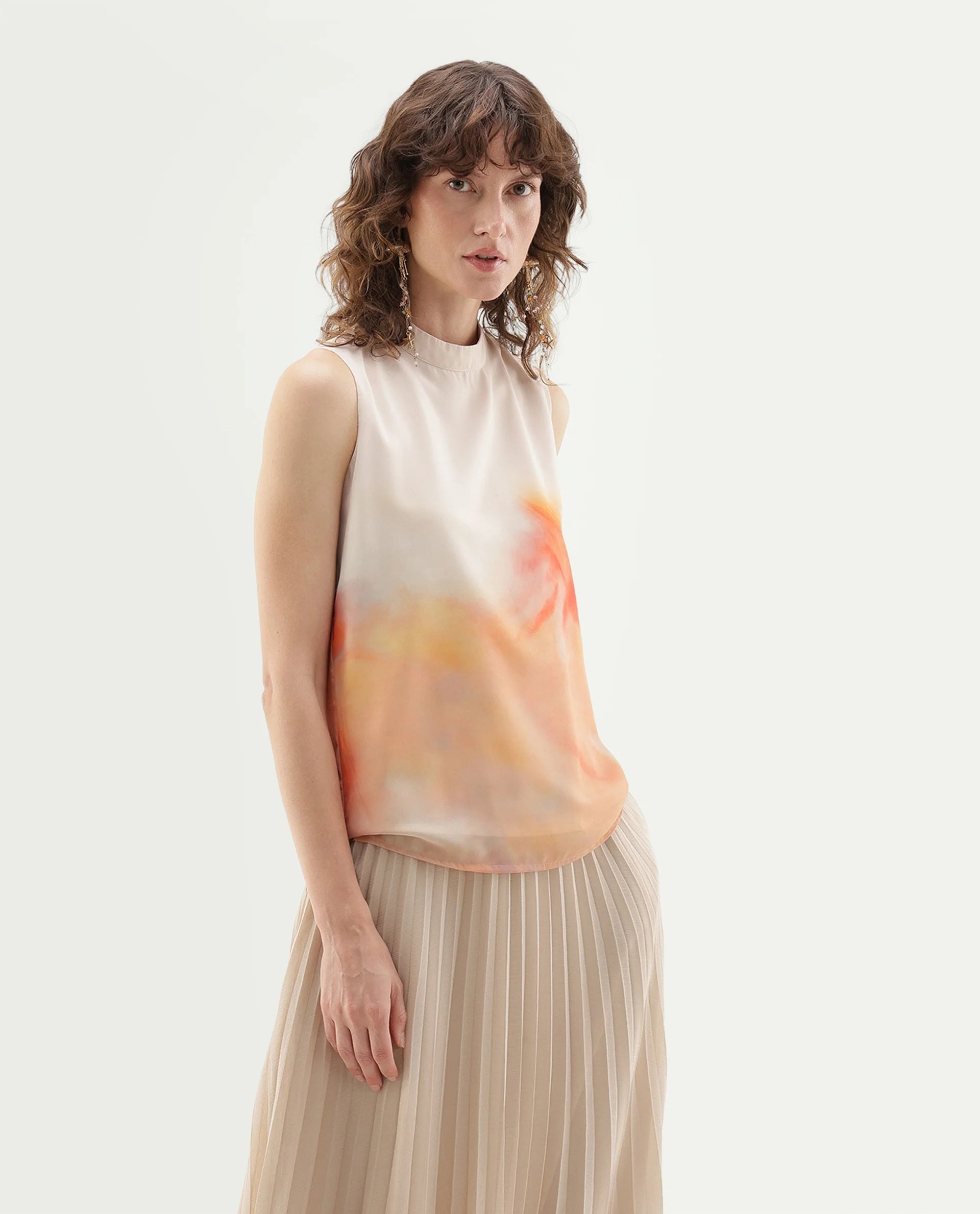 Rareism Women's Inezim Beige Polyester Pull-On Regular Fit Abstract Print Top