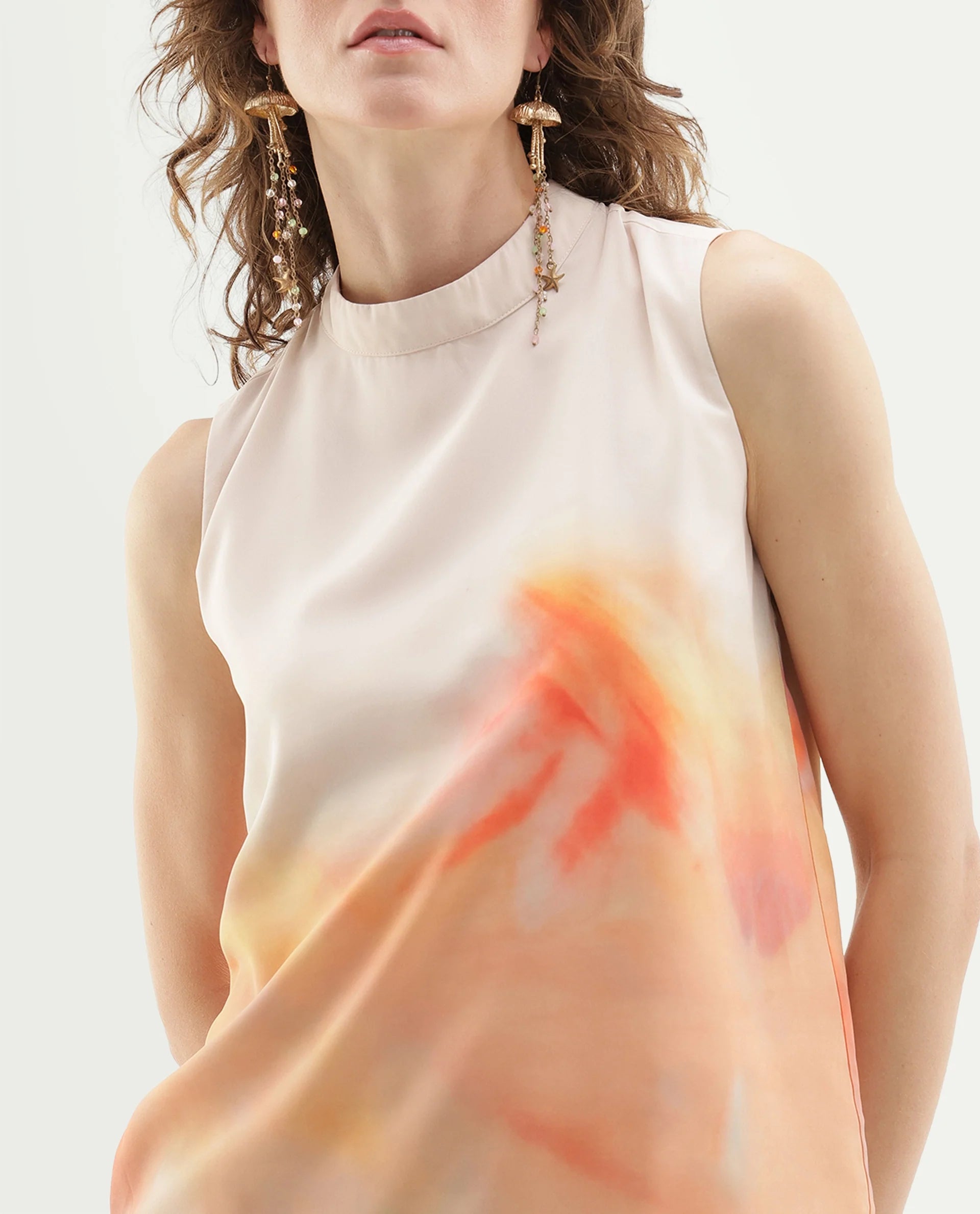 Rareism Women's Inezim Beige Polyester Pull-On Regular Fit Abstract Print Top