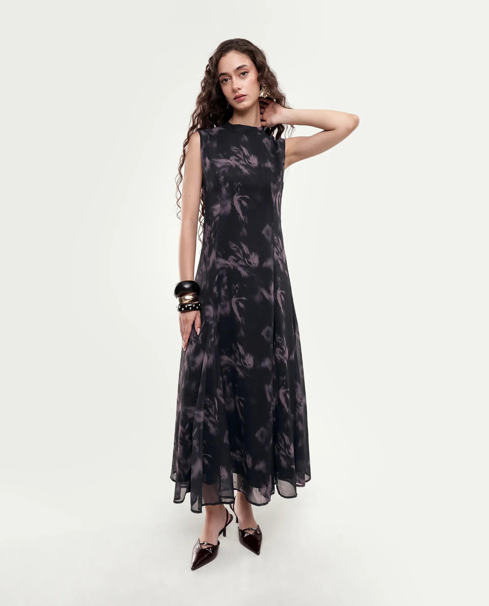 Rareism Women's Isbel Black Polyester Button And Zip Fit And Flare Abstract Print Dress