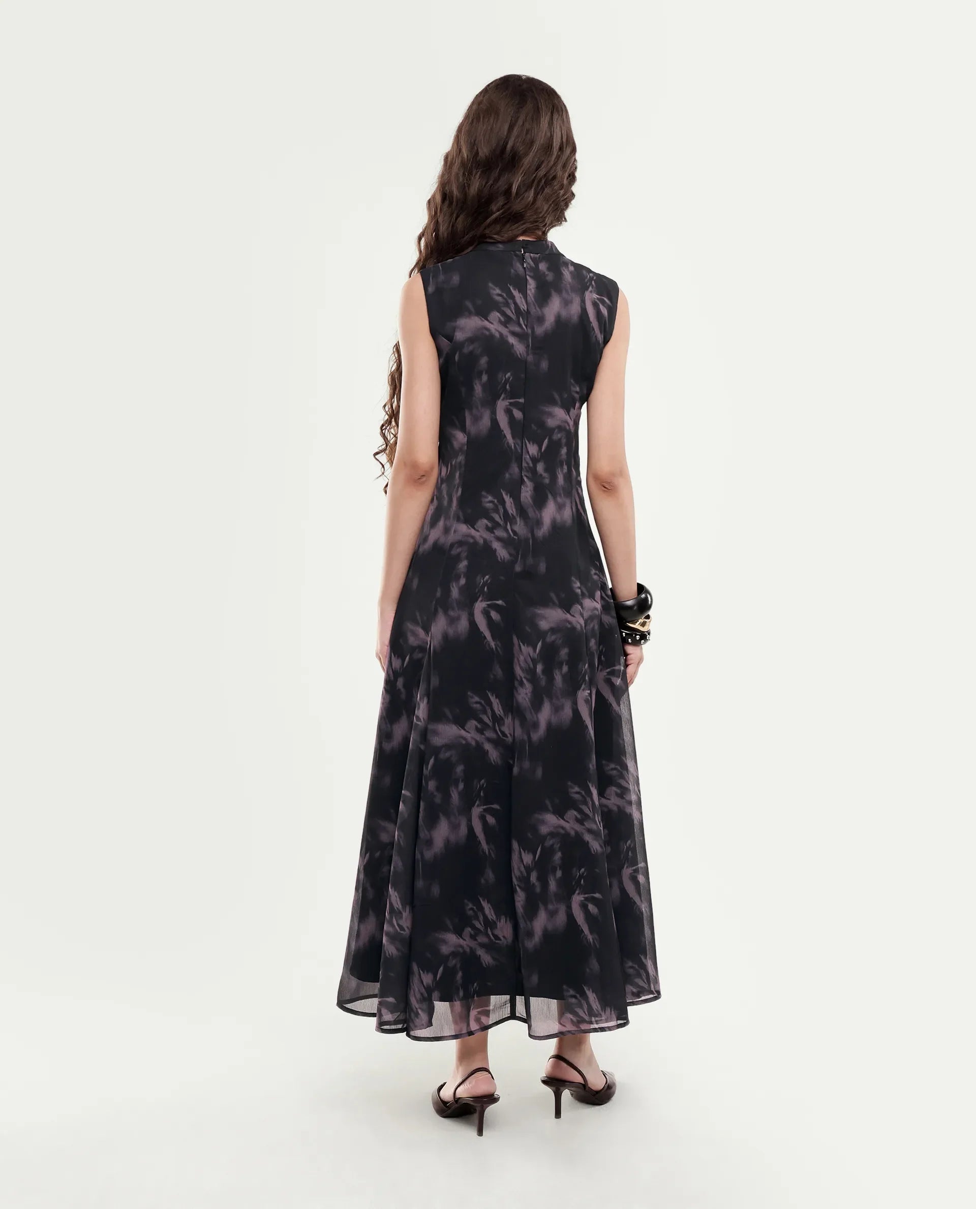 Rareism Women's Isbel Black Polyester Button And Zip Fit And Flare Abstract Print Dress